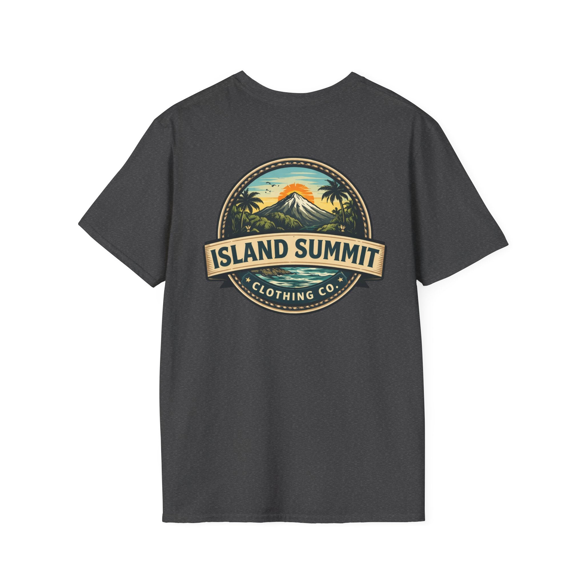 Island Summit logo T-Shirt | tropical mountain badge, palm trees, vintage crest