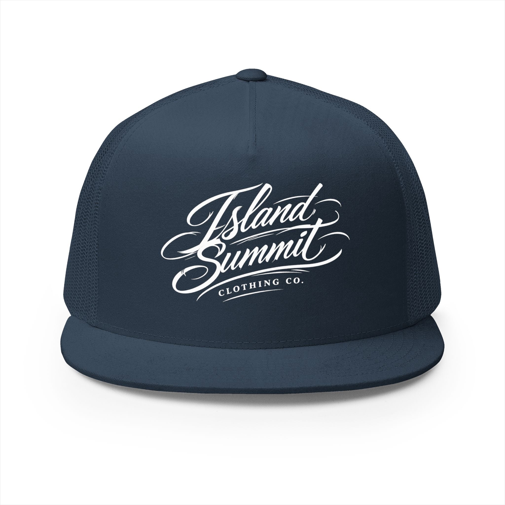 Island Summit script logo Trucker Cap | Mesh Back, Flat Bill