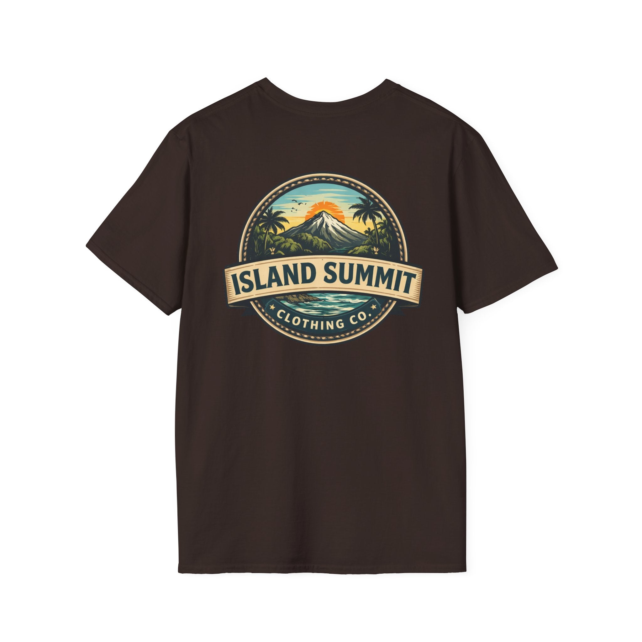 Island Summit logo T-Shirt | tropical mountain badge, palm trees, vintage crest