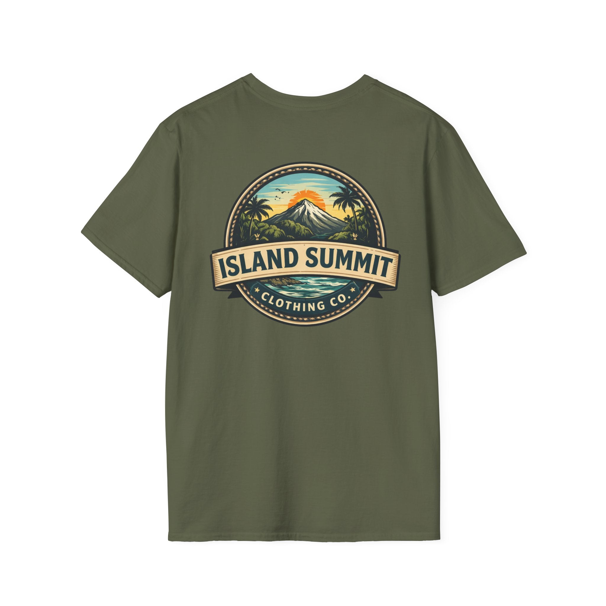 Island Summit logo T-Shirt | tropical mountain badge, palm trees, vintage crest