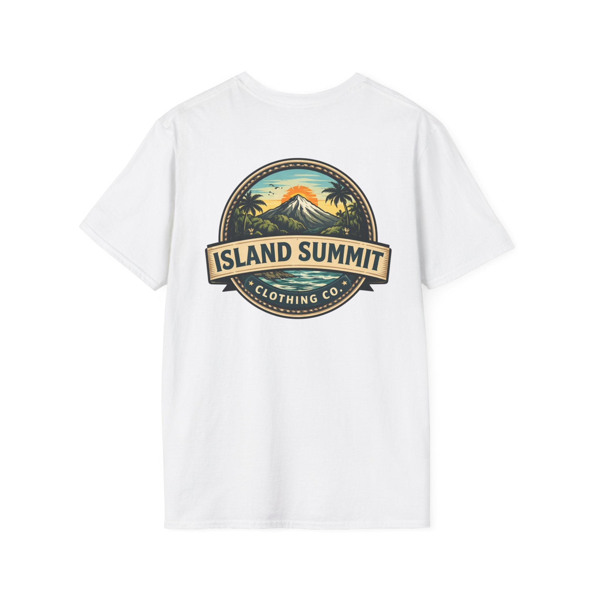 Island Summit logo T-Shirt | tropical mountain badge, palm trees, vintage crest