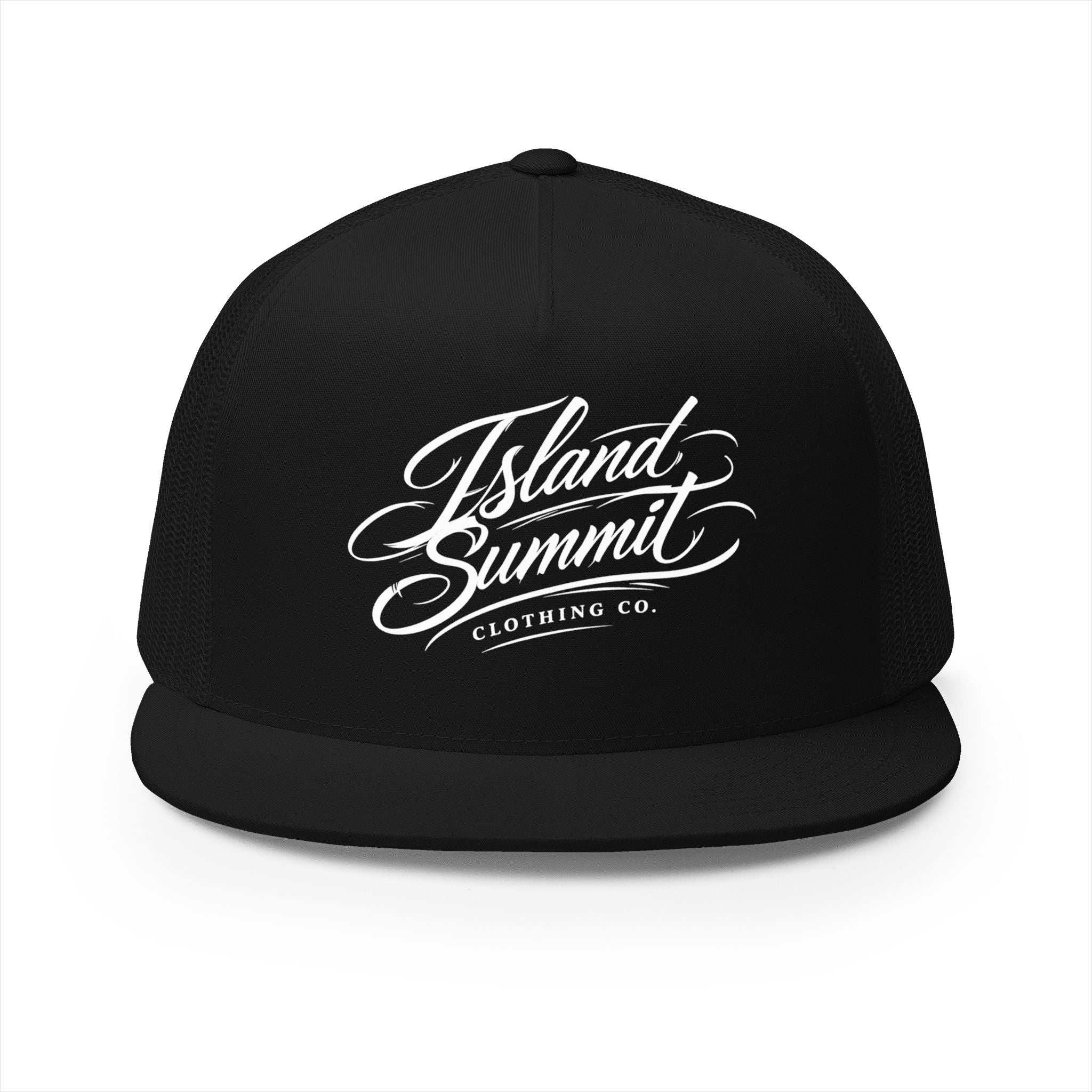 Island Summit script logo Trucker Cap | Mesh Back, Flat Bill