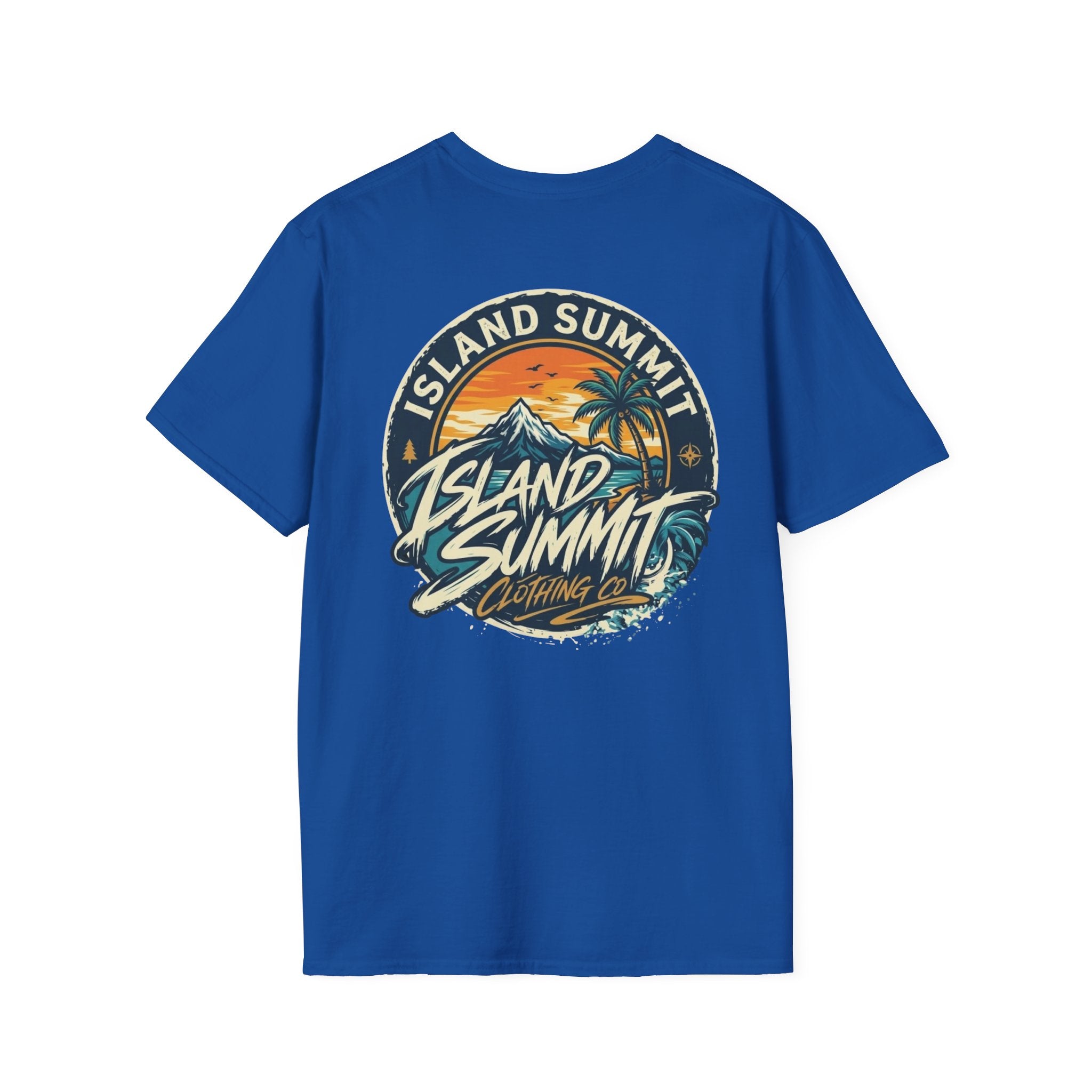Island Summit sunset logo T-Shirt | tropical palm beach scene