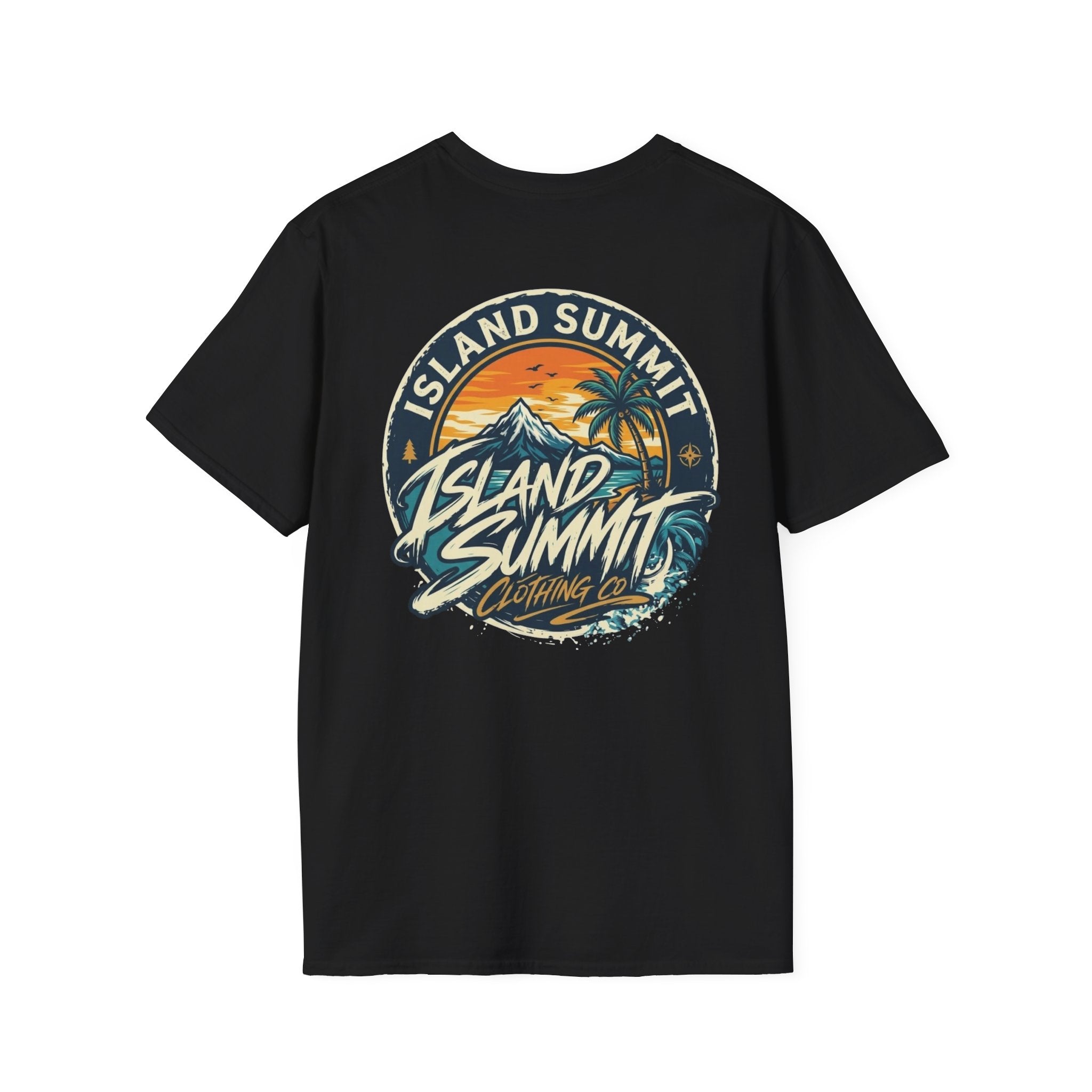 Island Summit sunset logo T-Shirt | tropical palm beach scene