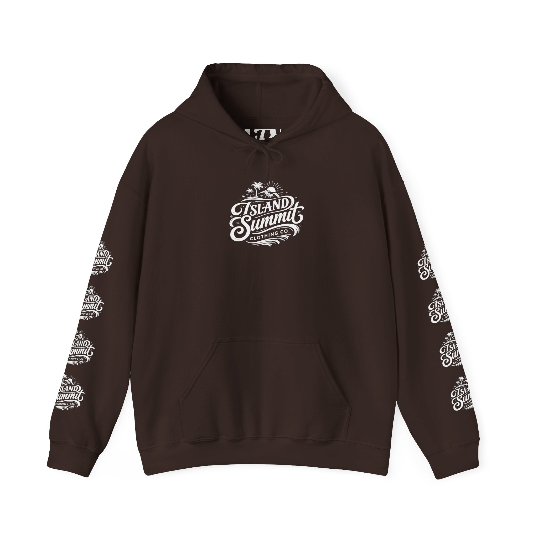 Island Summit logo Hoodie | Surf Palm Tree Vintage Crest, Sleeve Logos