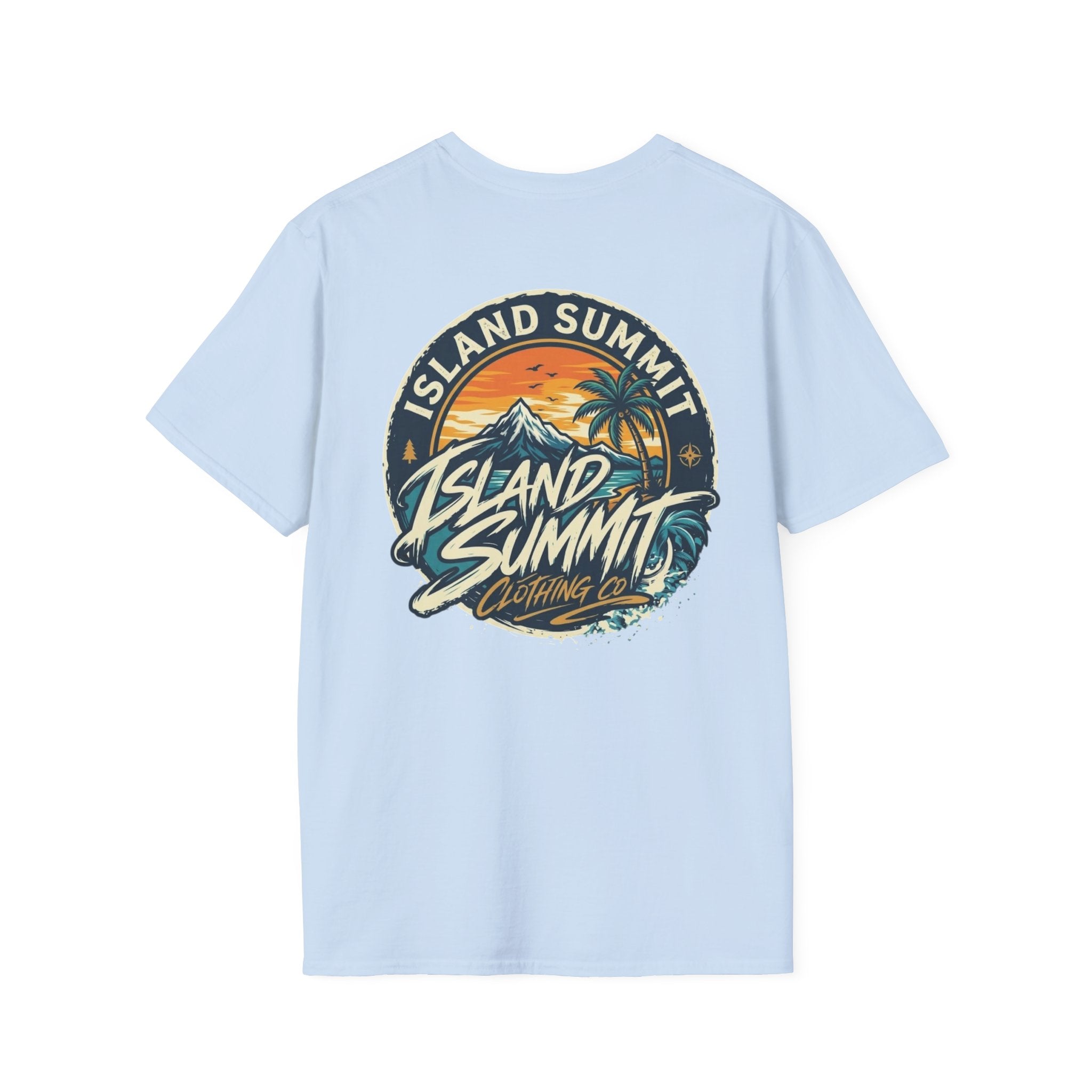 Island Summit sunset logo T-Shirt | tropical palm beach scene