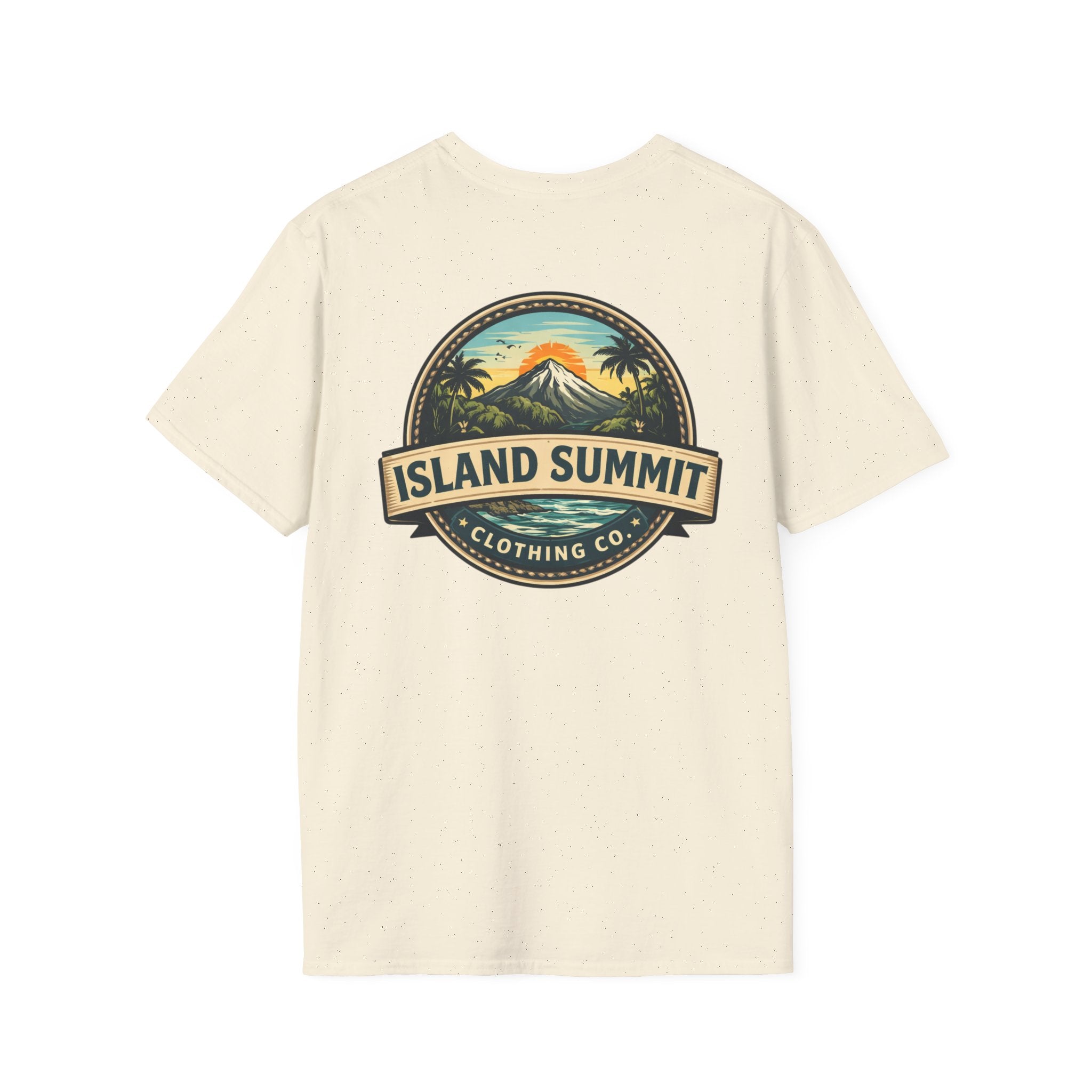 Island Summit logo T-Shirt | tropical mountain badge, palm trees, vintage crest