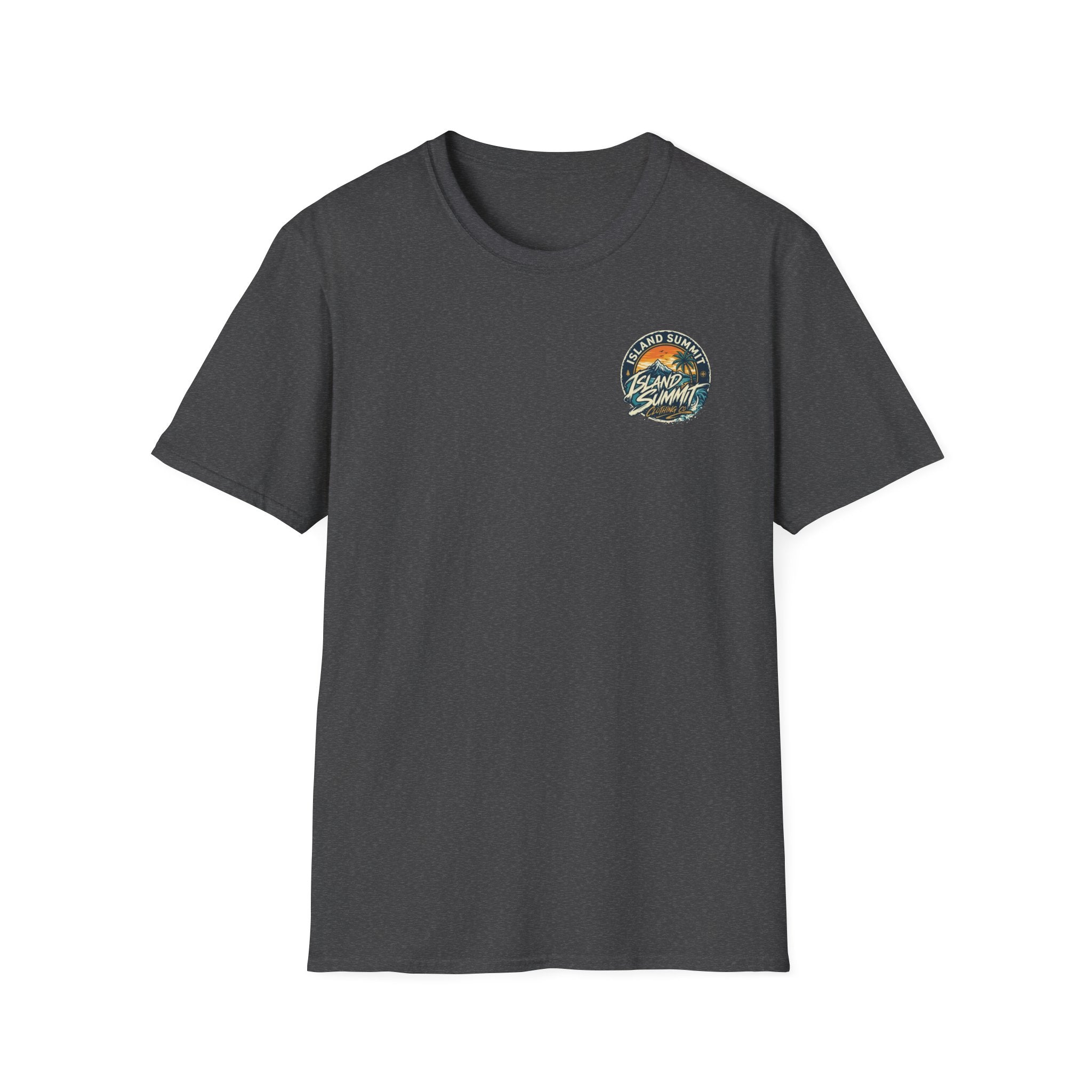 Island Summit sunset logo T-Shirt | tropical palm beach scene