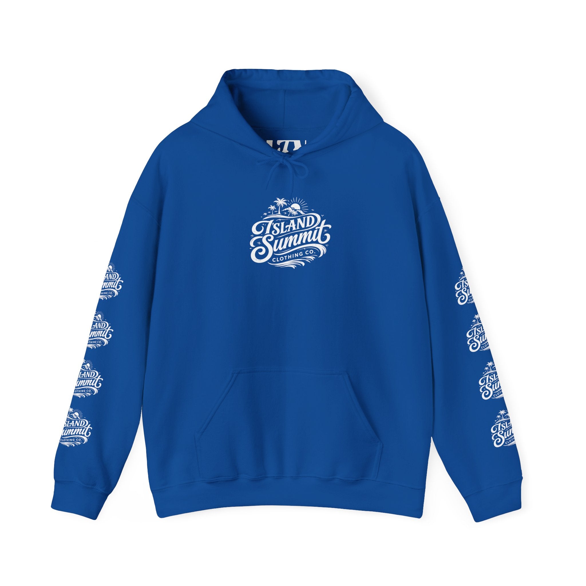 Island Summit logo Hoodie | Surf Palm Tree Vintage Crest, Sleeve Logos