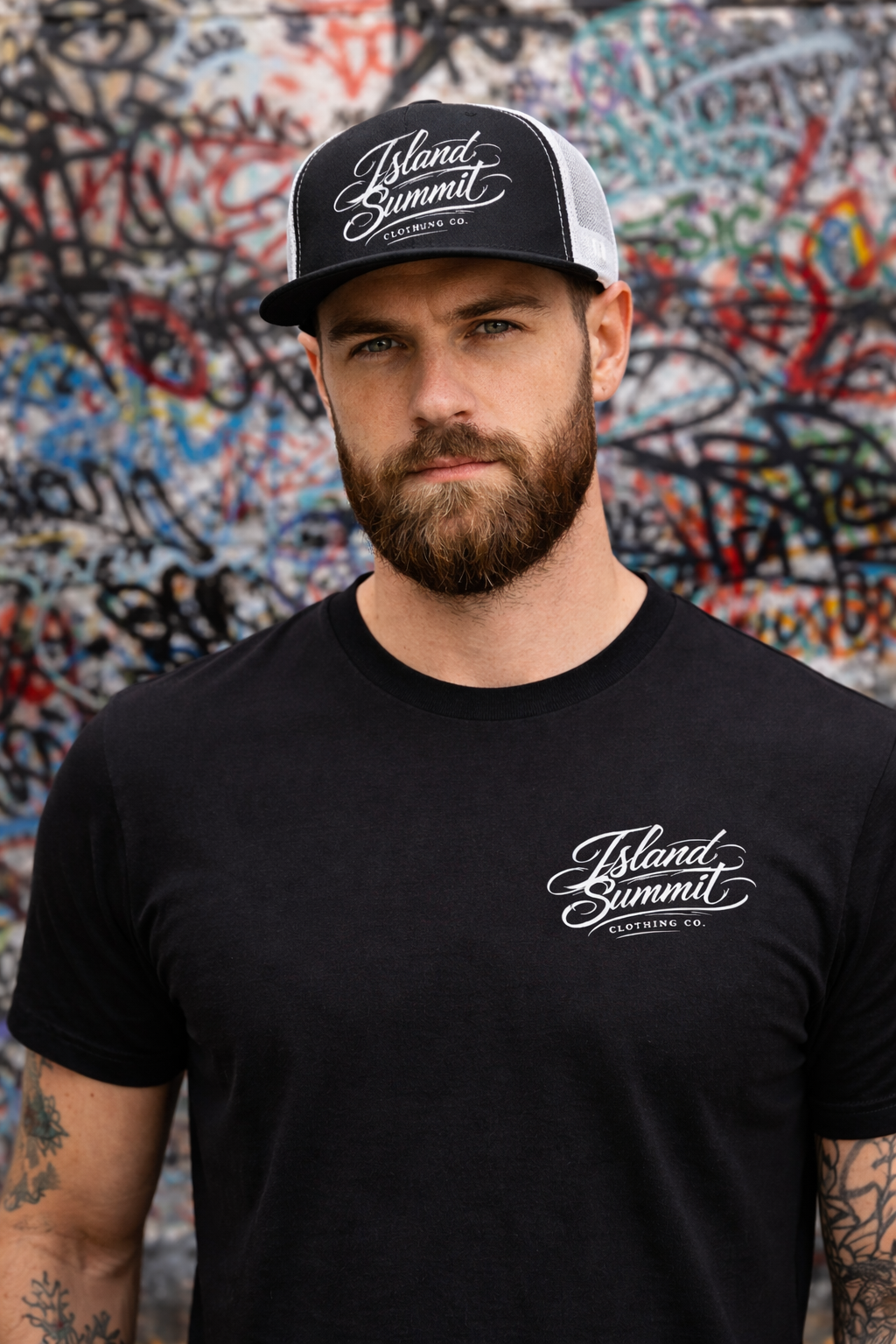 Island Summit script logo Trucker Cap | Mesh Back, Flat Bill