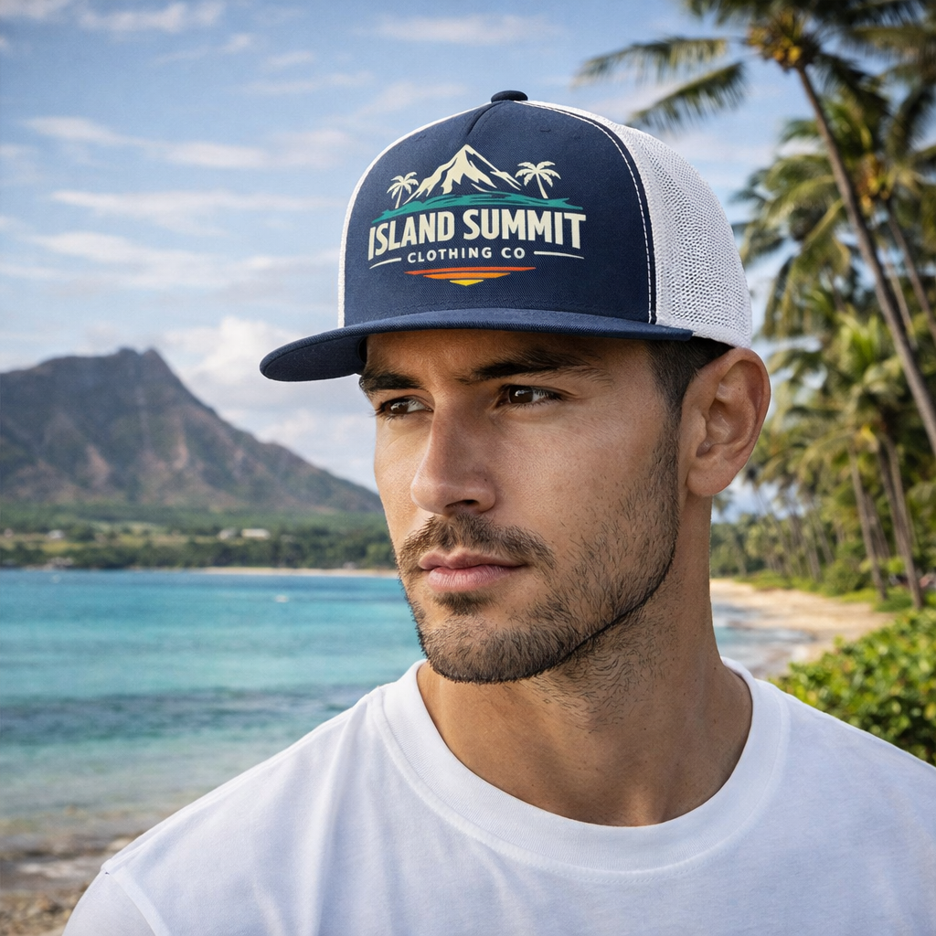 Island Summit mountain palm logo Trucker Cap | vintage surf badge