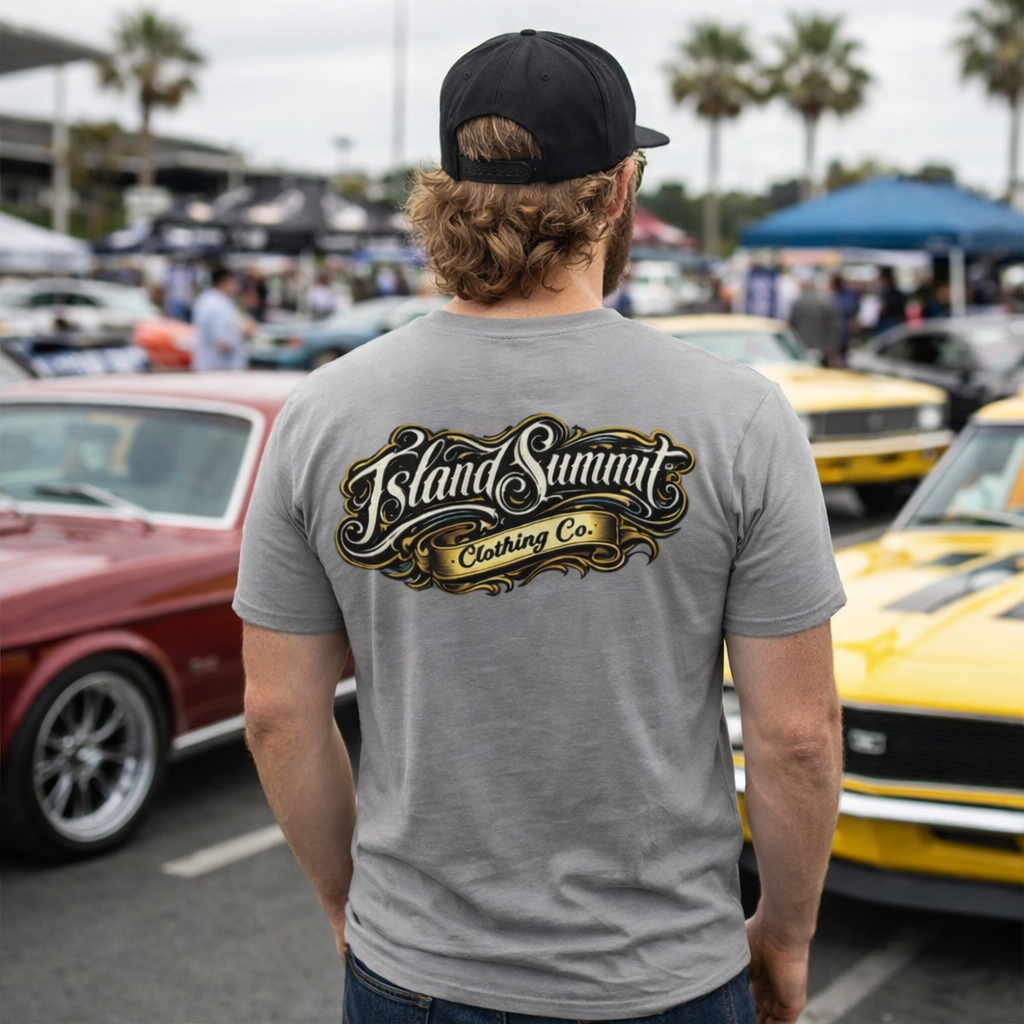 Island Summit Clothing Co logo T-Shirt | Vintage script chest and back graphic