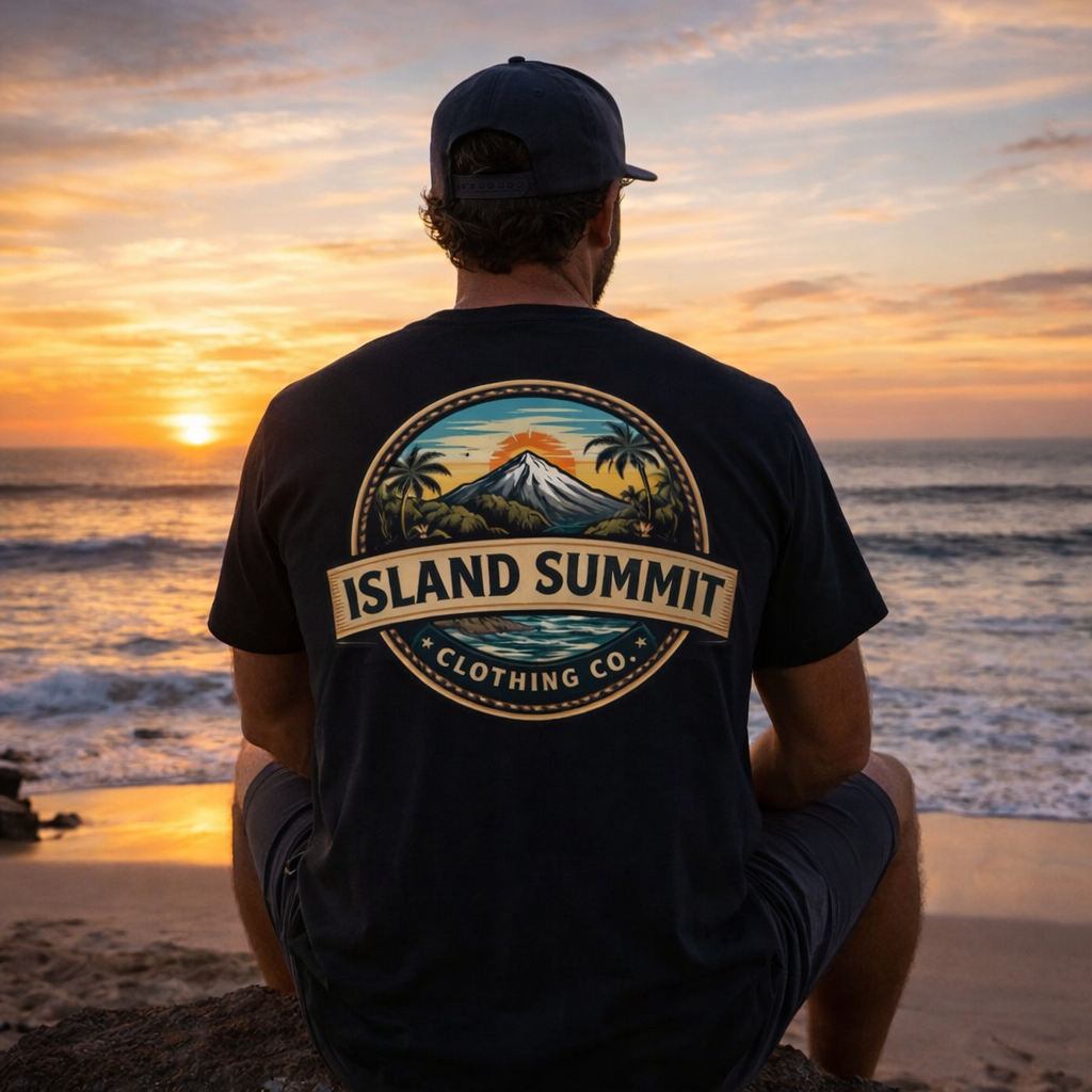 Island Summit logo T-Shirt | tropical mountain badge, palm trees, vintage crest