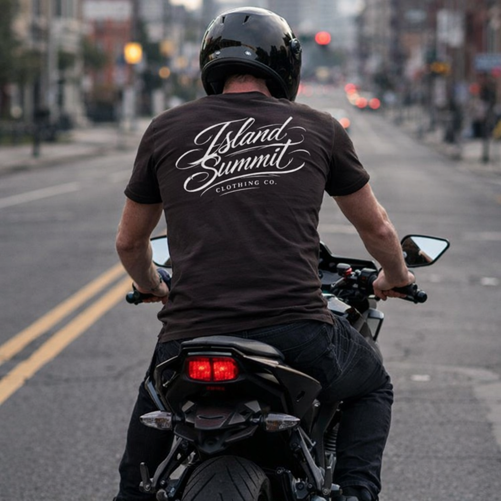 Island Summit script logo T-Shirt | Vintage script back print, small chest logo