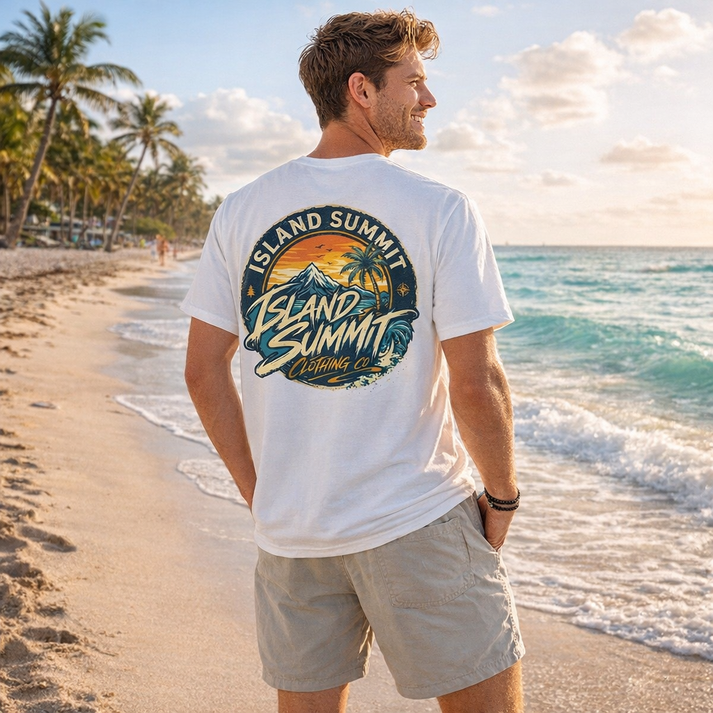 Island Summit sunset logo T-Shirt | tropical palm beach scene