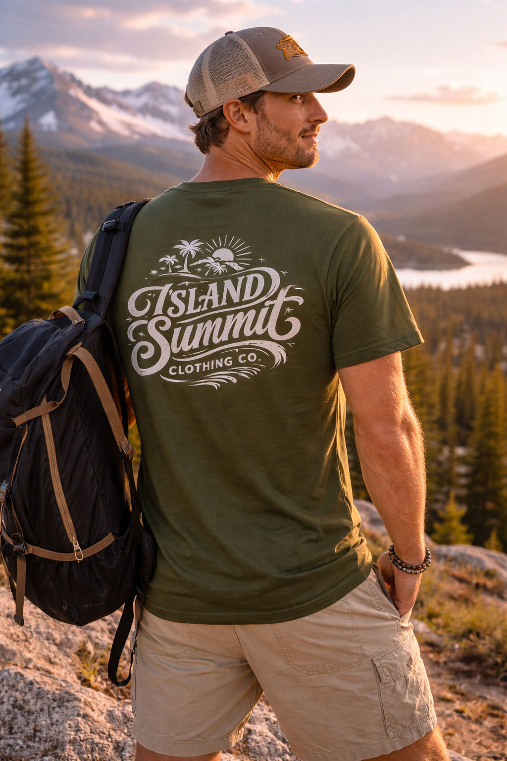 Island Summit logo tee, T-Shirt | Beach palm sunset graphic