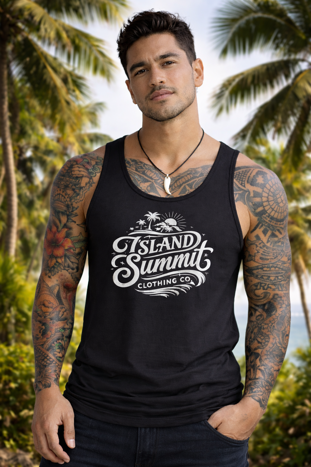 Island Summit logo Tank Top | Tropical palm graphic, vintage surf badge