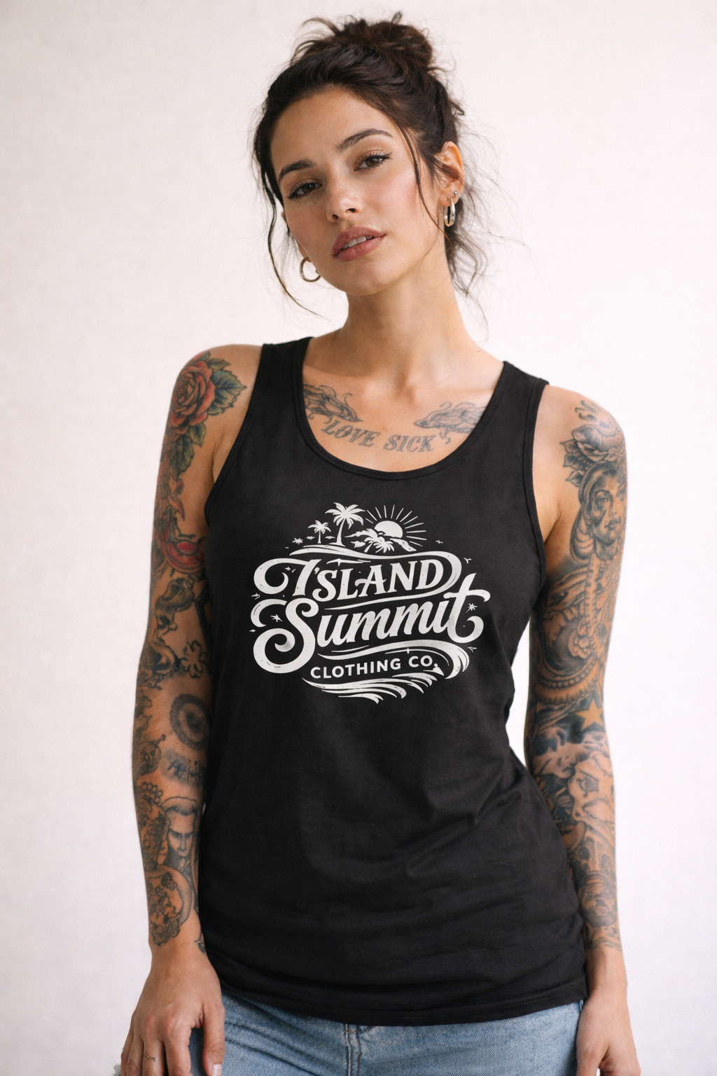 Island Summit logo Tank Top | Tropical palm graphic, vintage surf badge