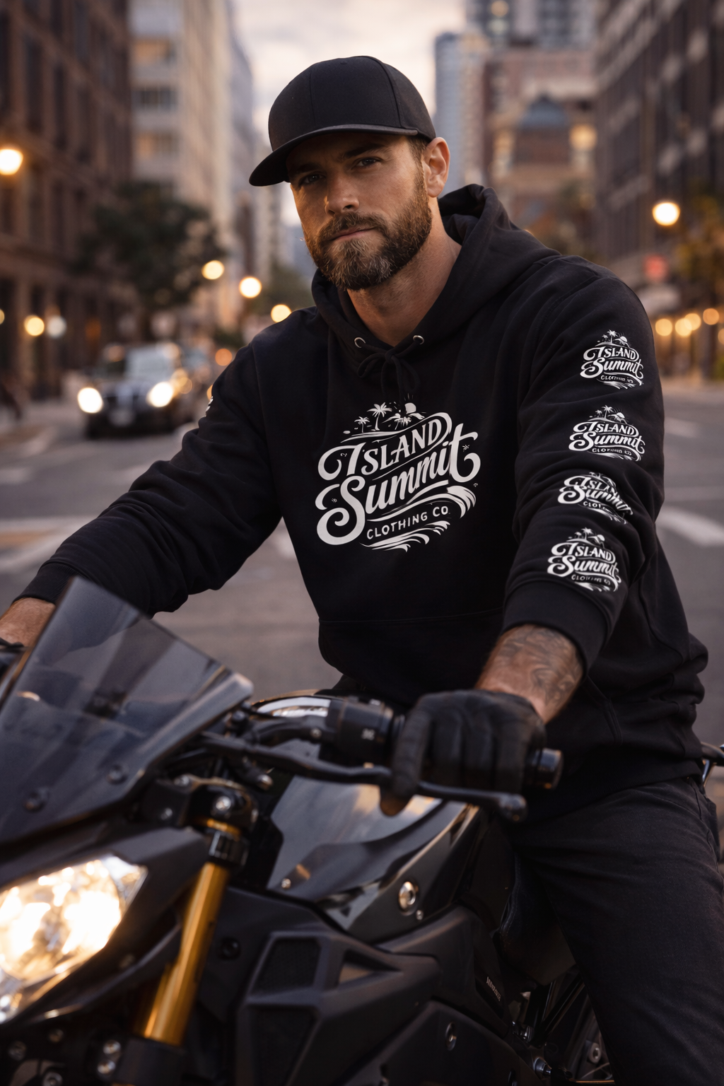 Island Summit logo Hoodie | Surf Palm Tree Vintage Crest, Sleeve Logos