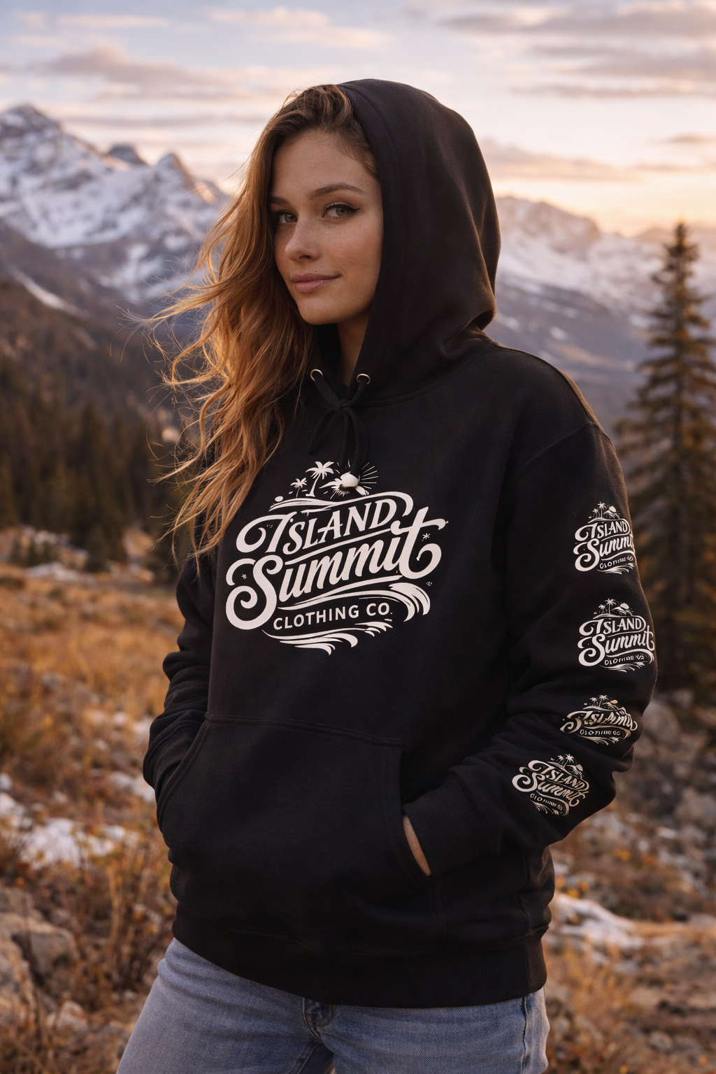 Island Summit logo Hoodie | Surf Palm Tree Vintage Crest, Sleeve Logos