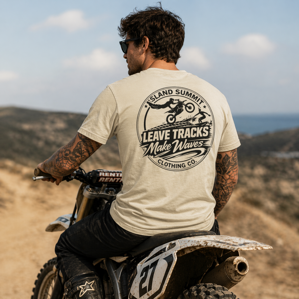 Island Summit Leave Tracks, Make Waves Dirt Bike Surf Tee