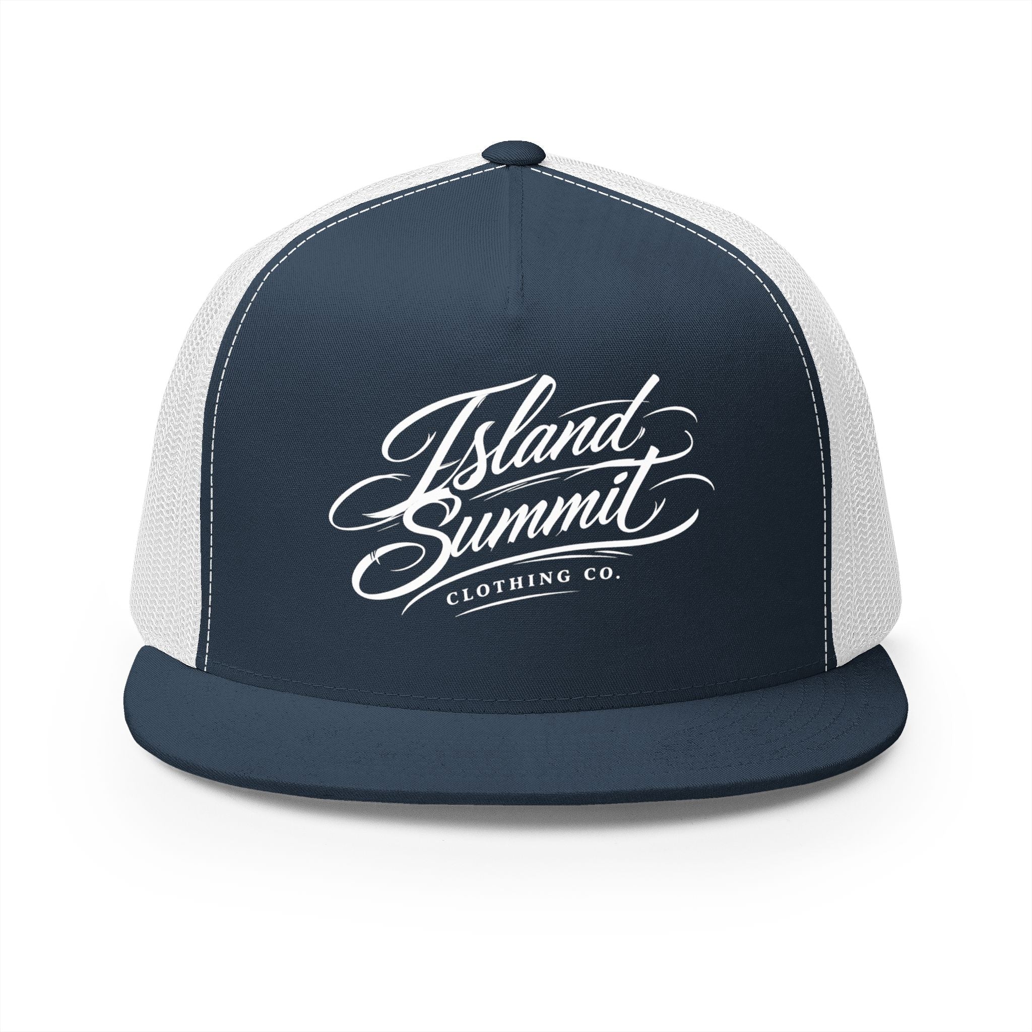 Island Summit script logo Trucker Cap | Mesh Back, Flat Bill
