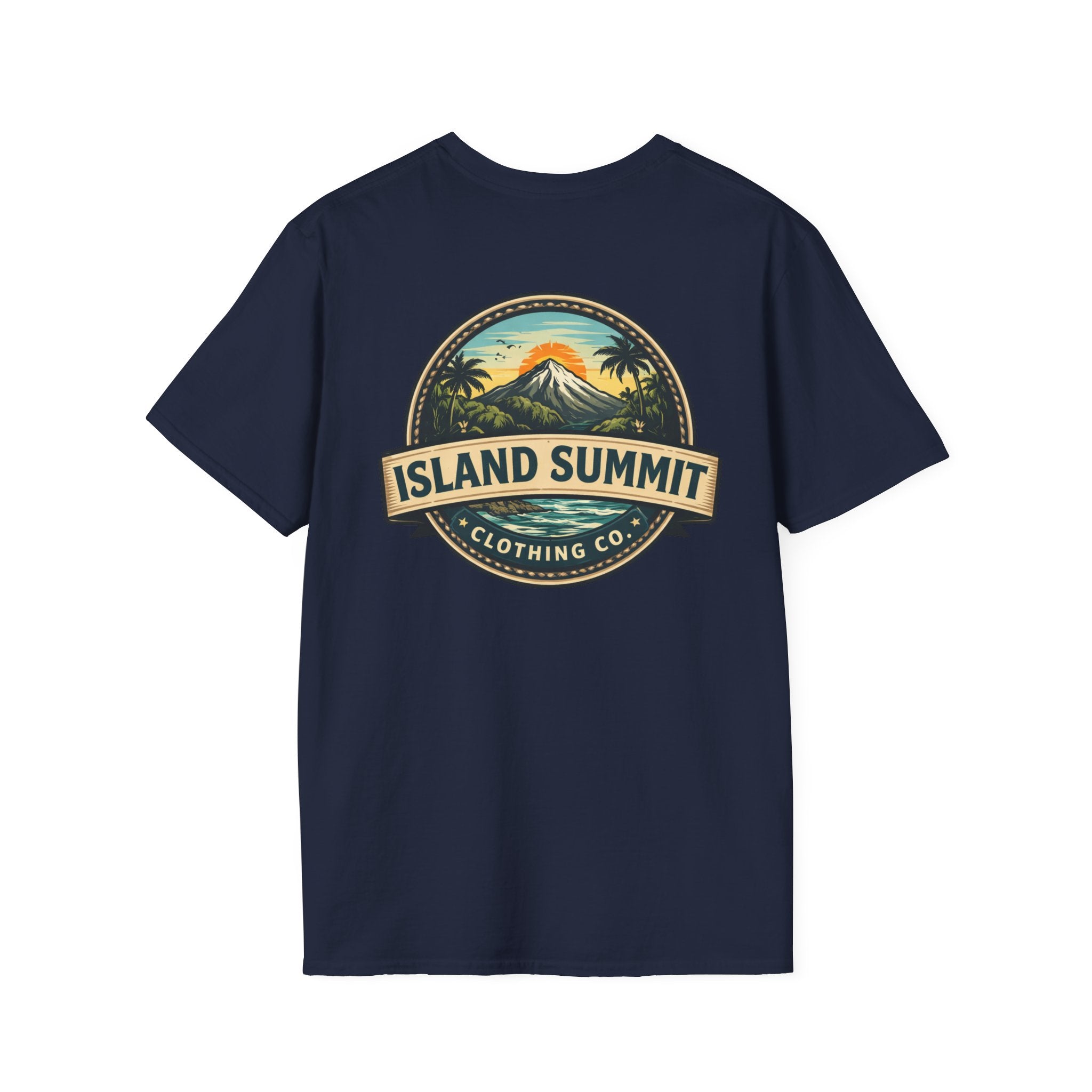 Island Summit logo T-Shirt | tropical mountain badge, palm trees, vintage crest