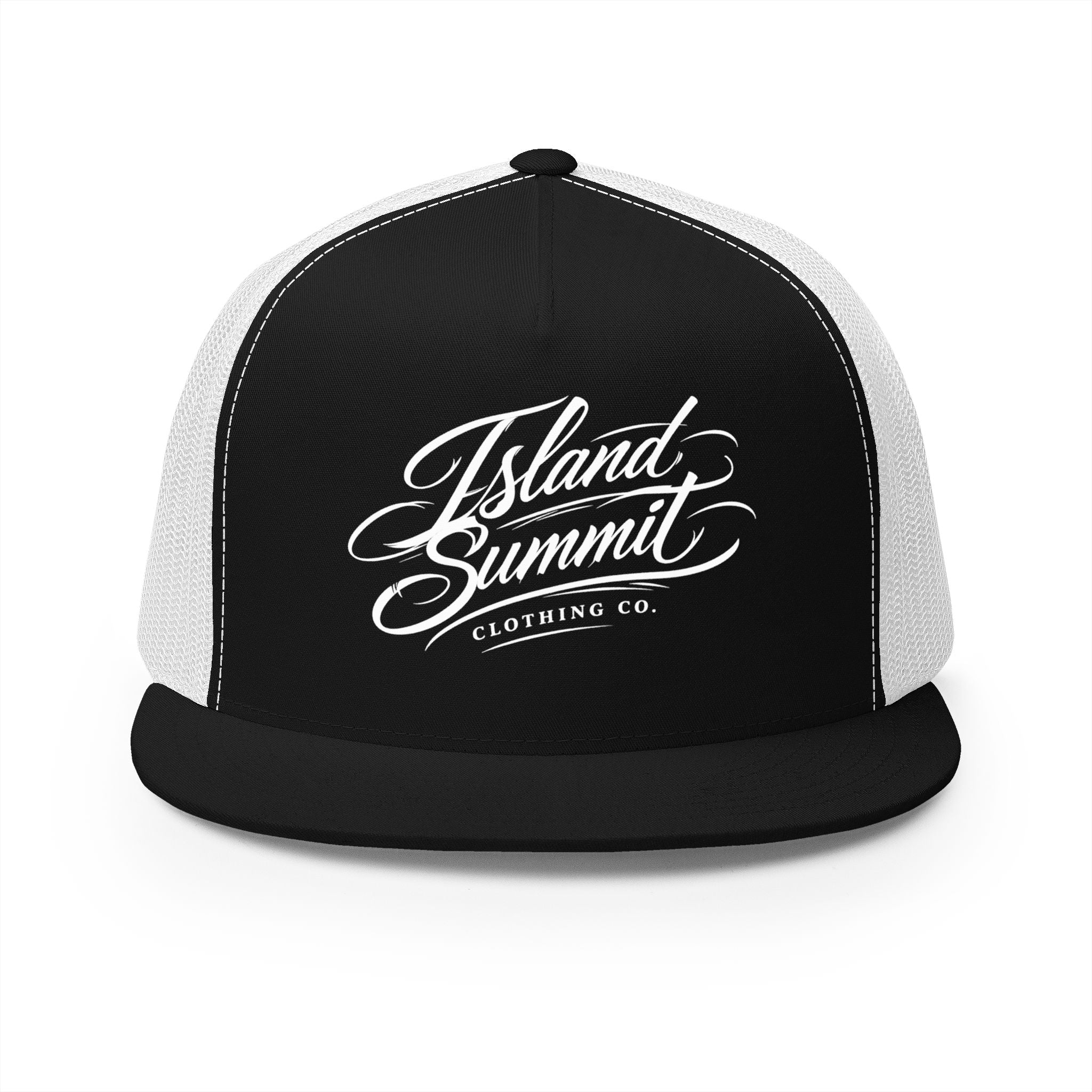Island Summit script logo Trucker Cap | Mesh Back, Flat Bill