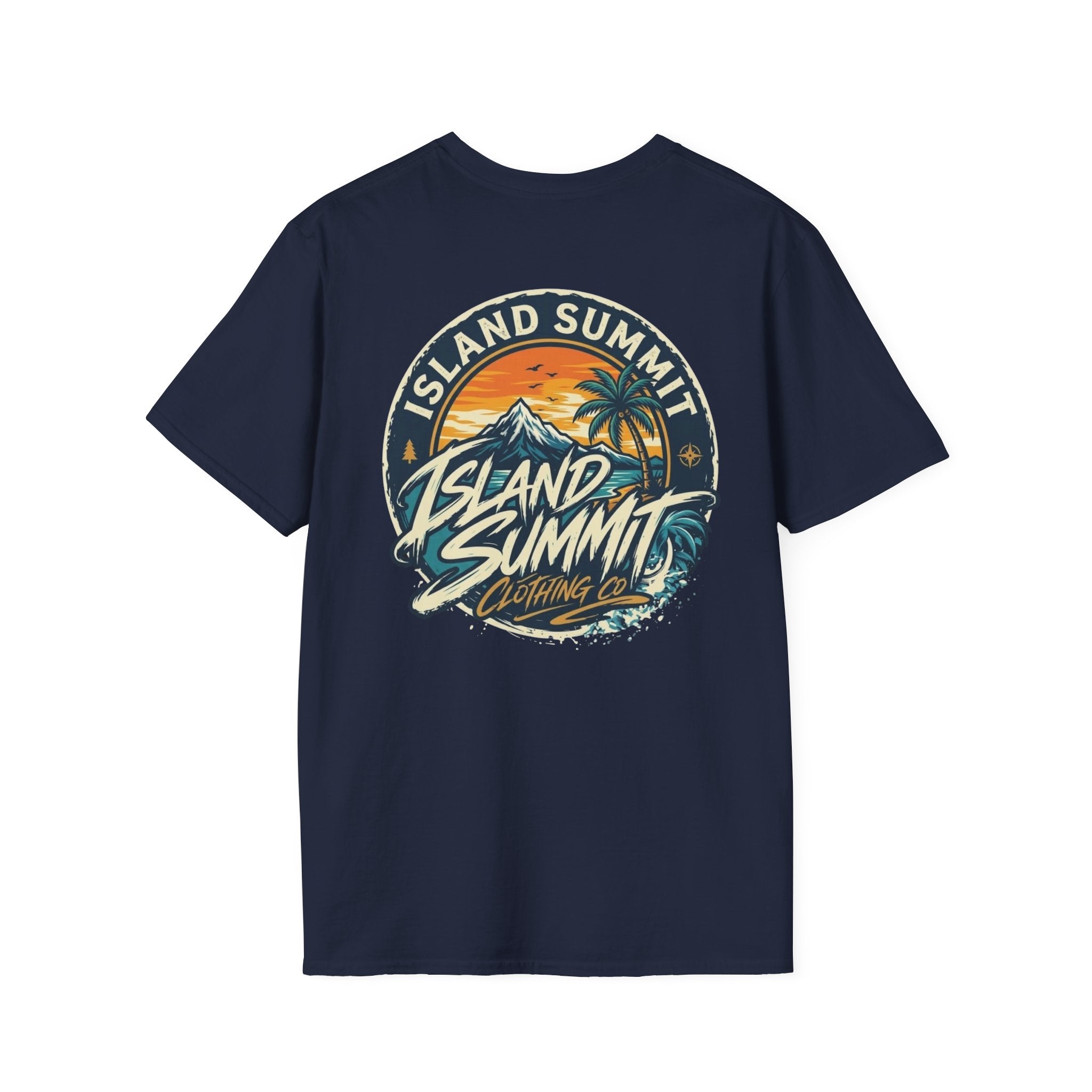 Island Summit sunset logo T-Shirt | tropical palm beach scene