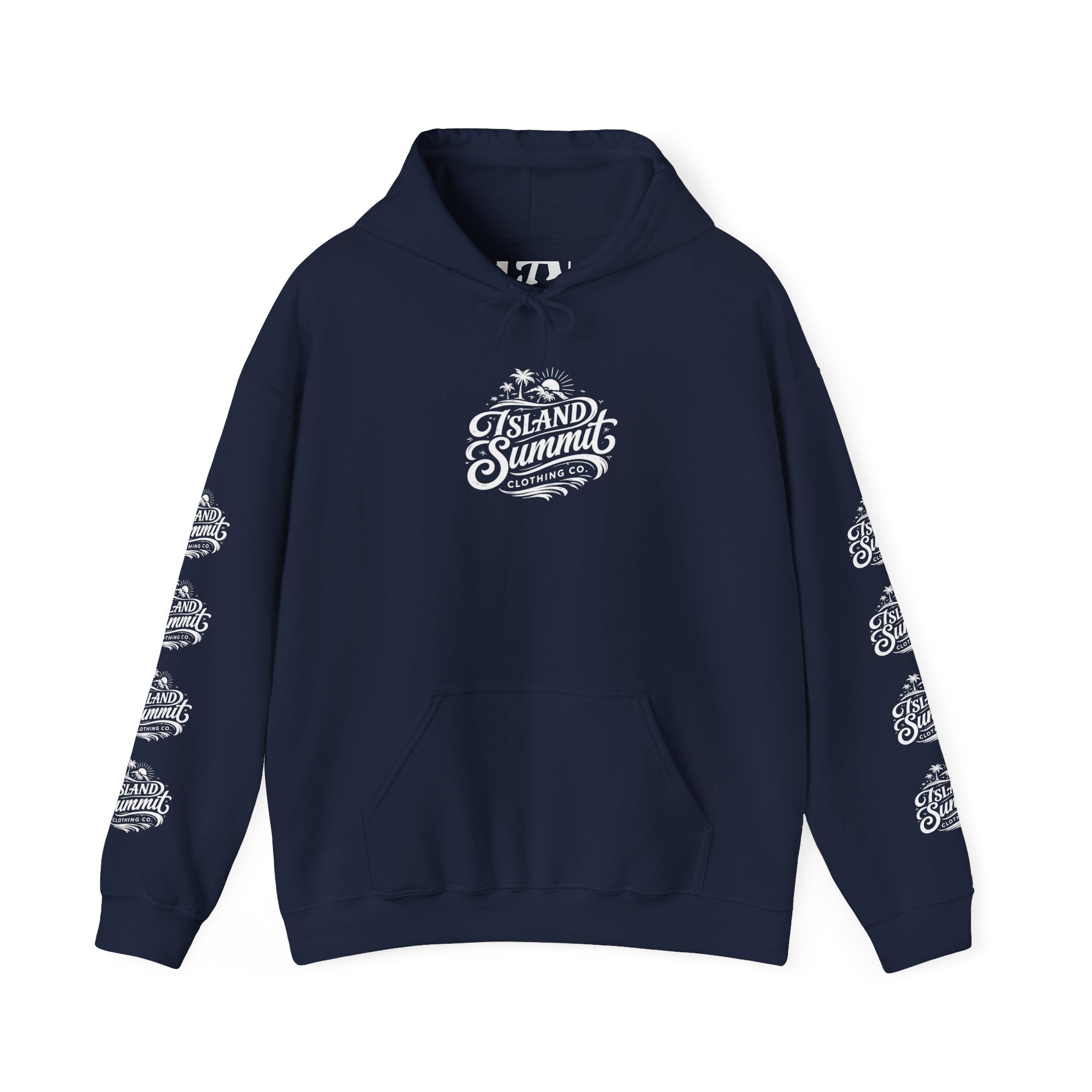 Island Summit logo Hoodie | Surf Palm Tree Vintage Crest, Sleeve Logos