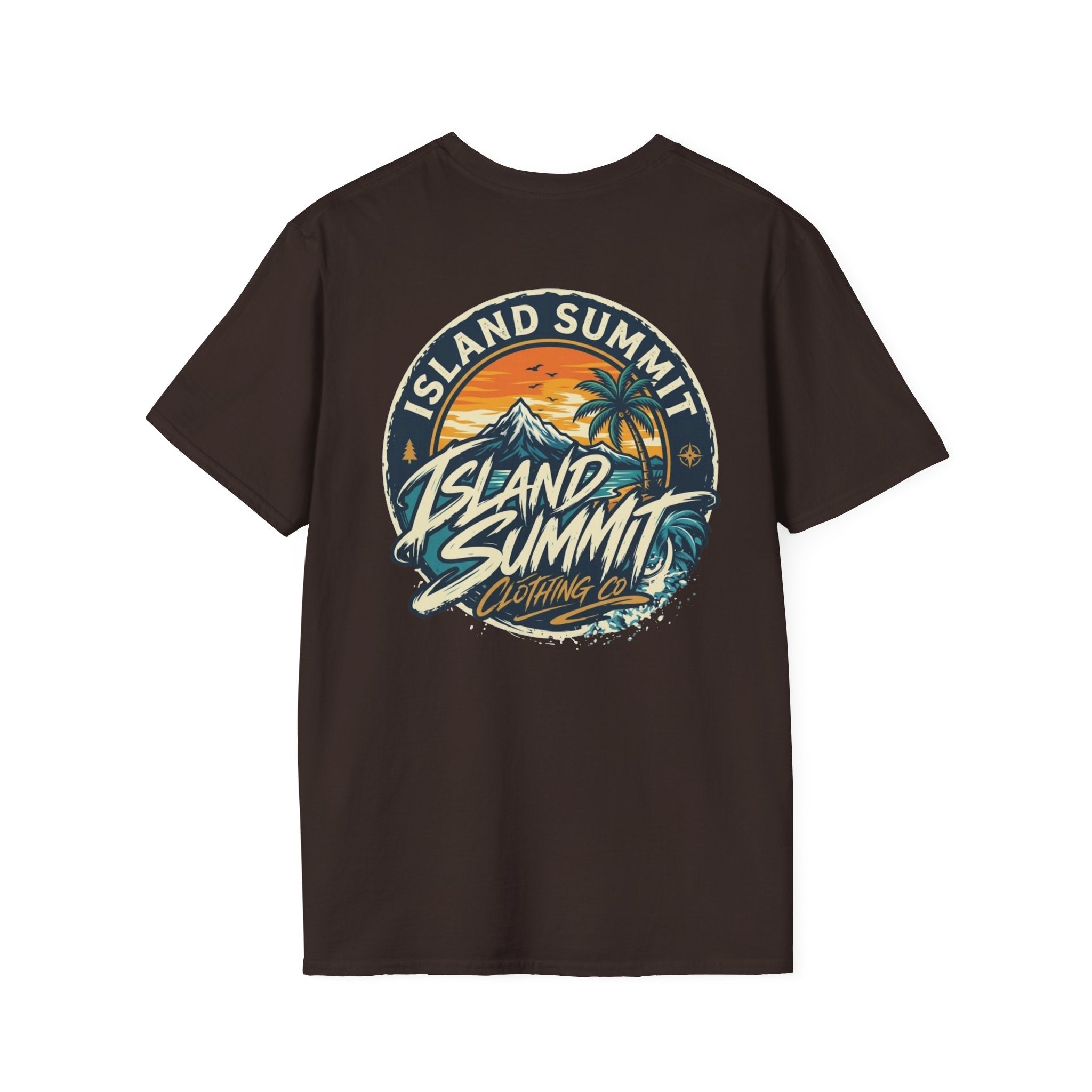 Island Summit sunset logo T-Shirt | tropical palm beach scene