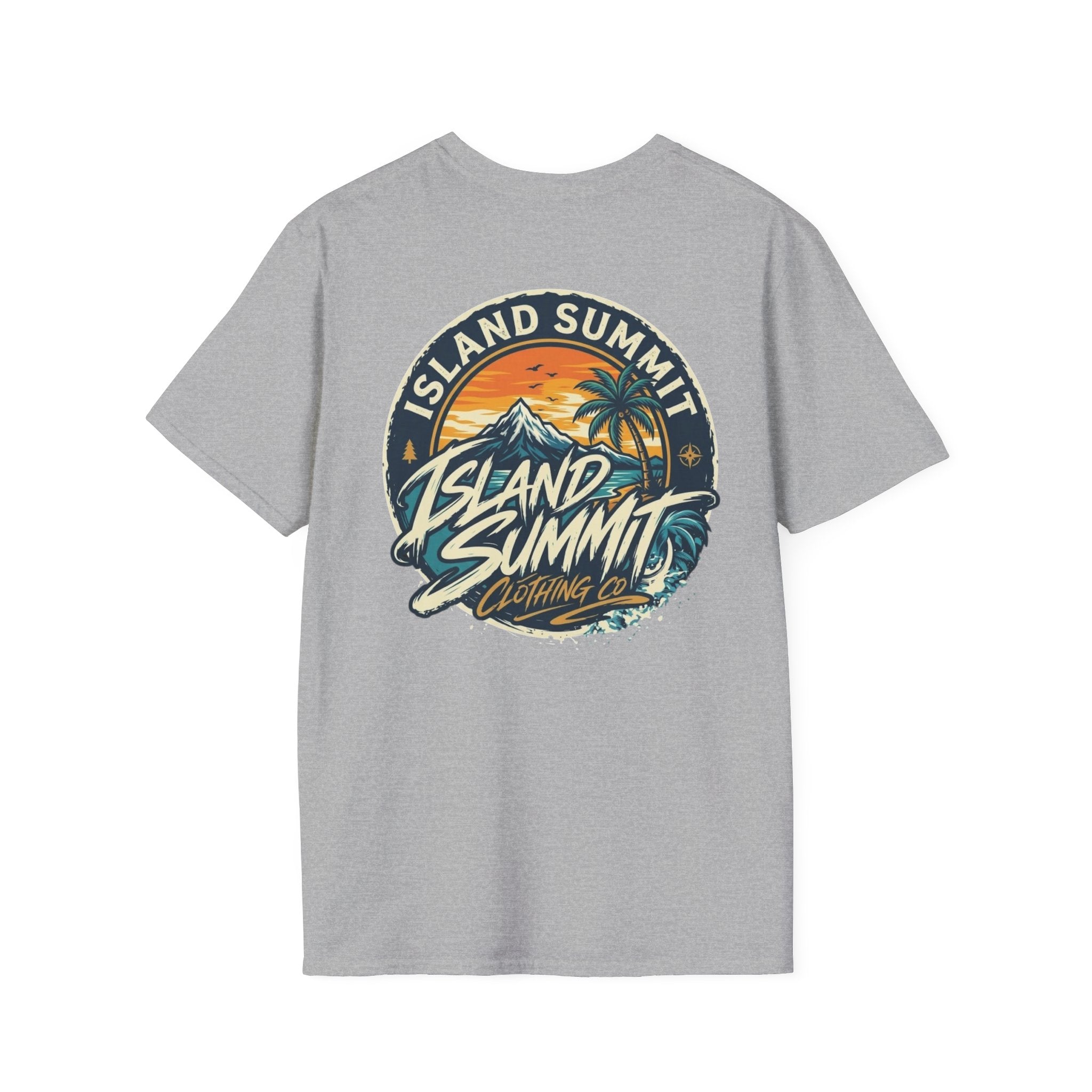Island Summit sunset logo T-Shirt | tropical palm beach scene