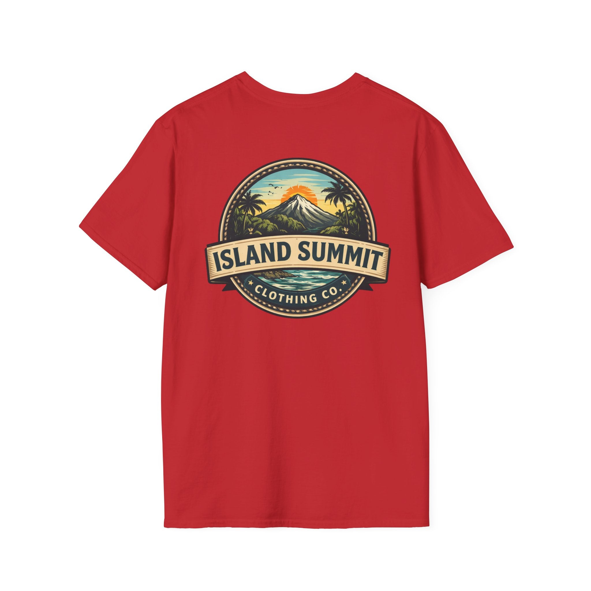 Island Summit logo T-Shirt | tropical mountain badge, palm trees, vintage crest