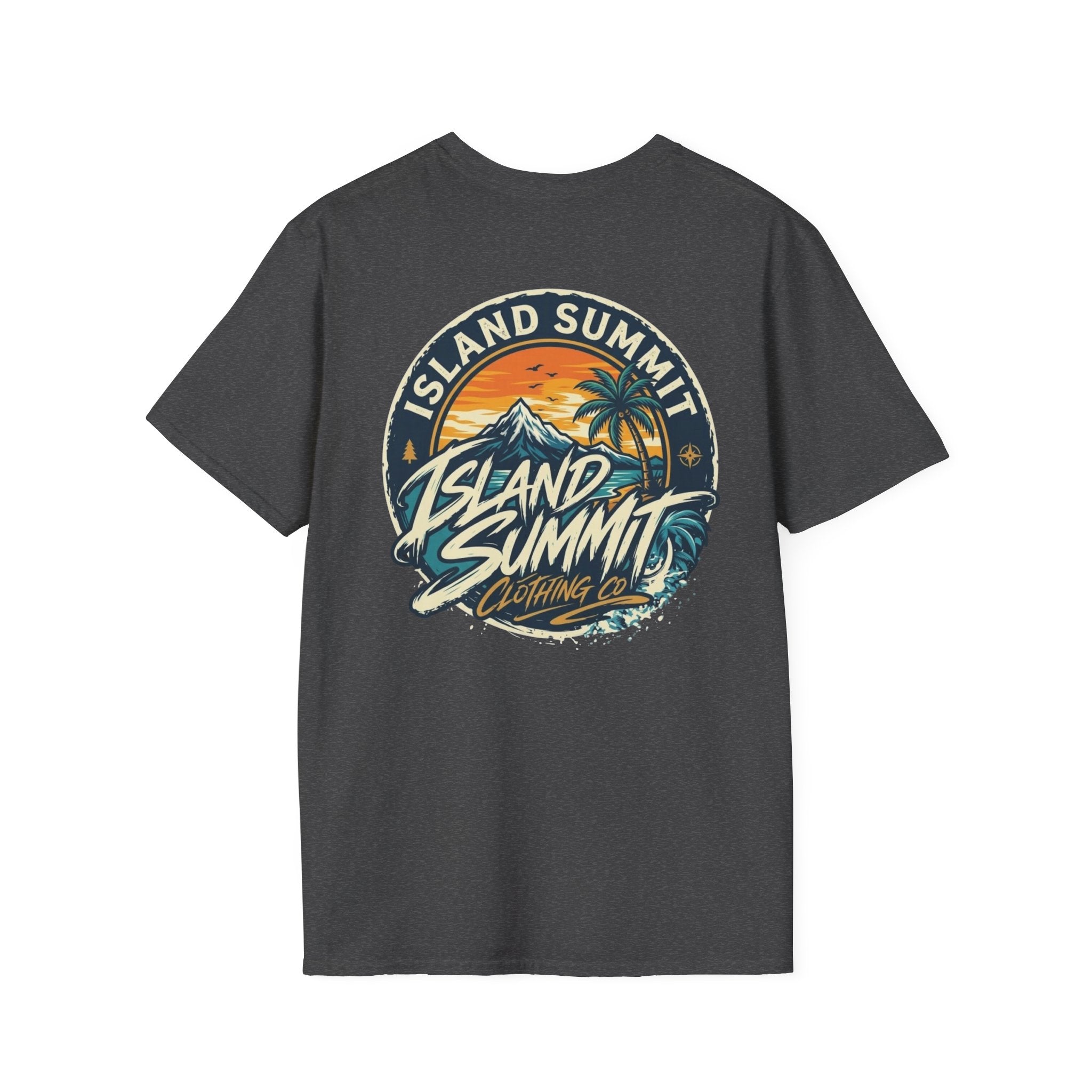 Island Summit sunset logo T-Shirt | tropical palm beach scene