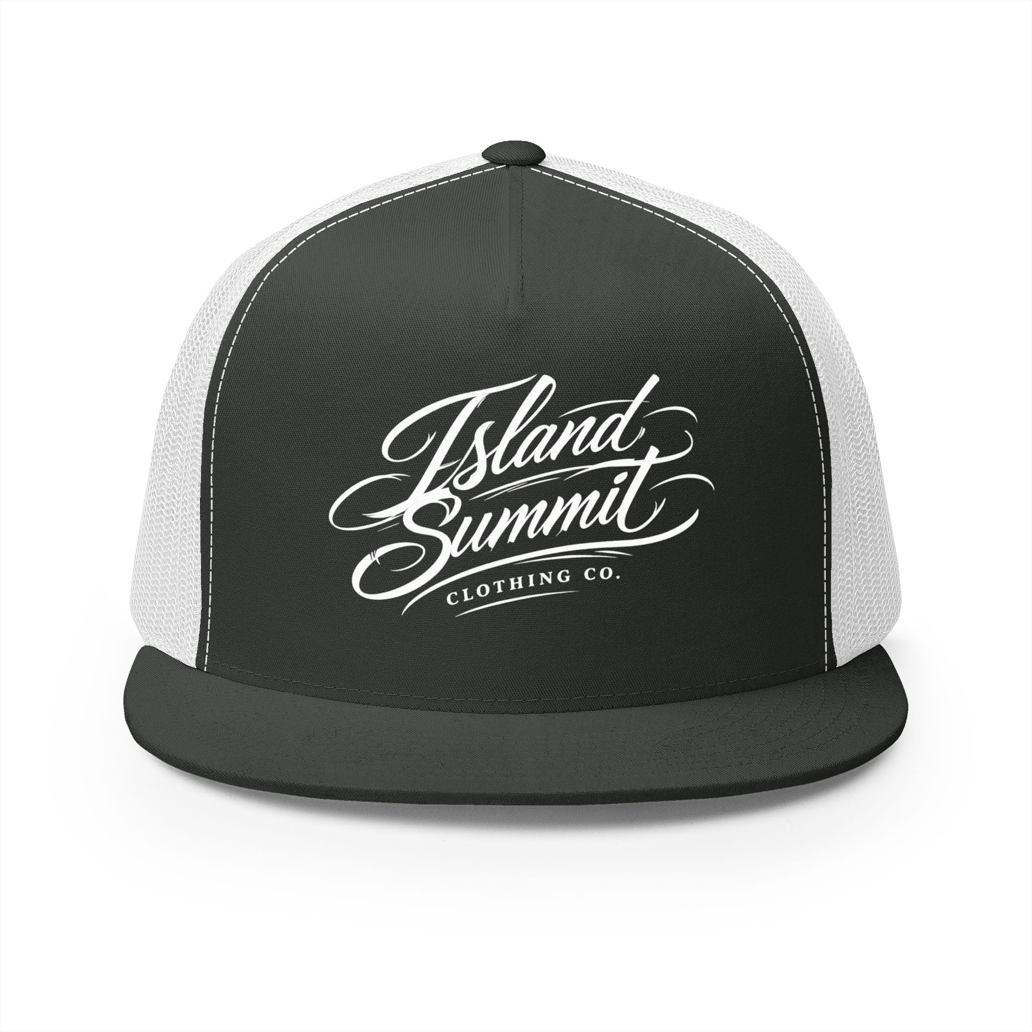Island Summit script logo Trucker Cap | Mesh Back, Flat Bill