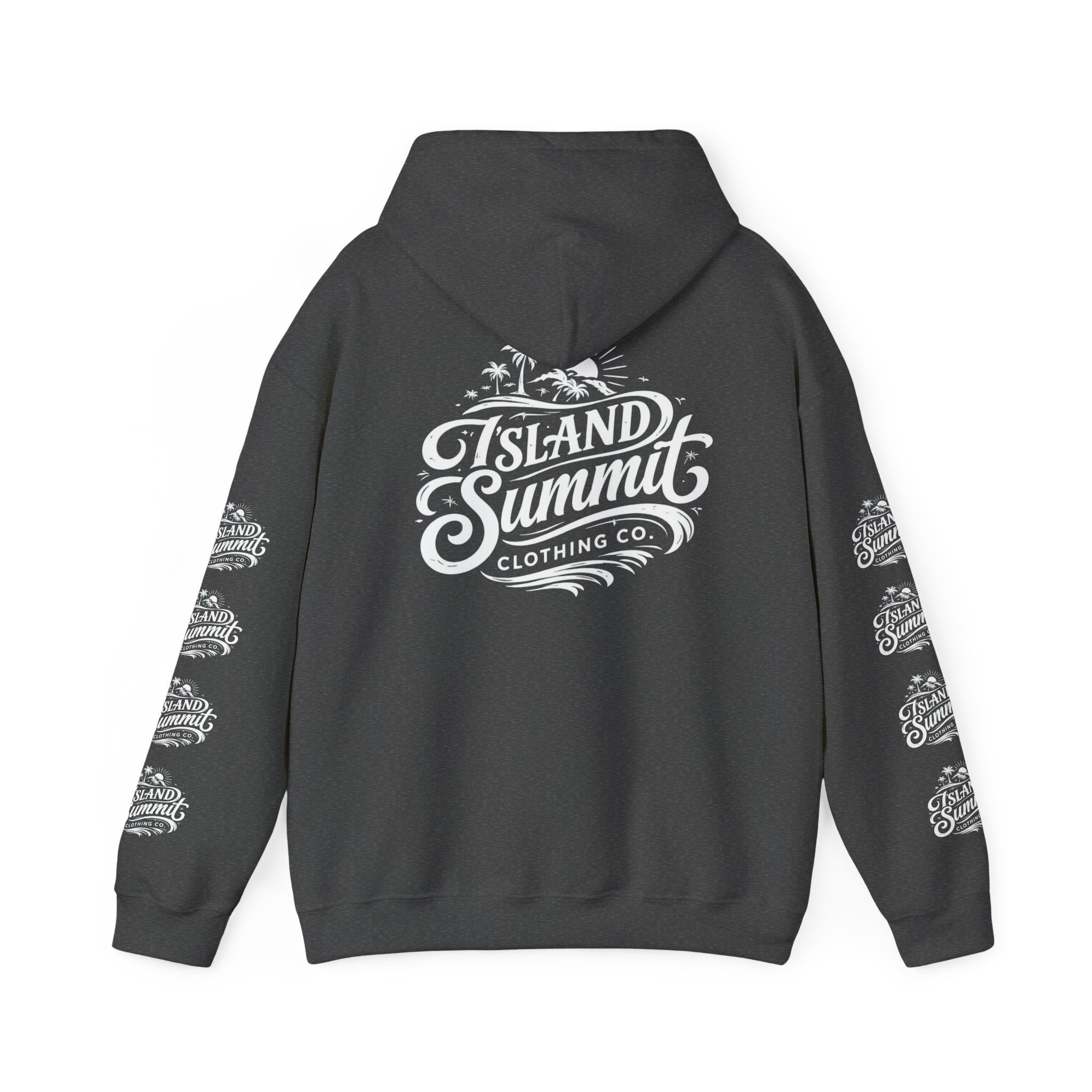Island Summit logo Hoodie | Surf Palm Tree Vintage Crest, Sleeve Logos