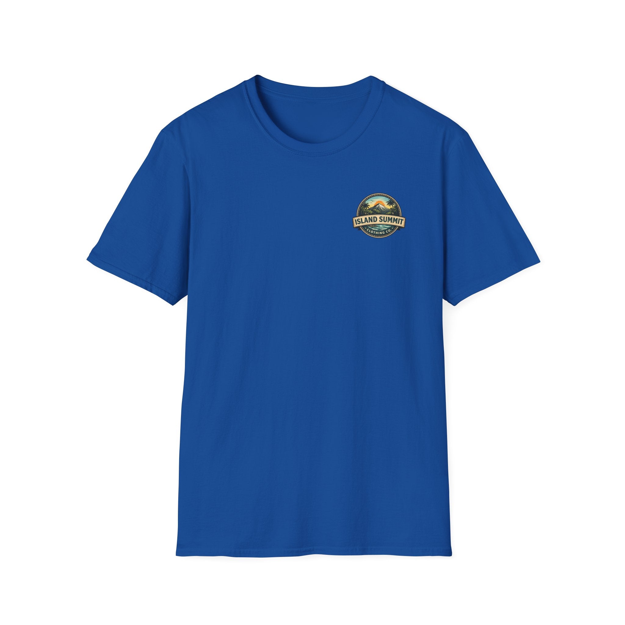 Island Summit logo T-Shirt | tropical mountain badge, palm trees, vintage crest