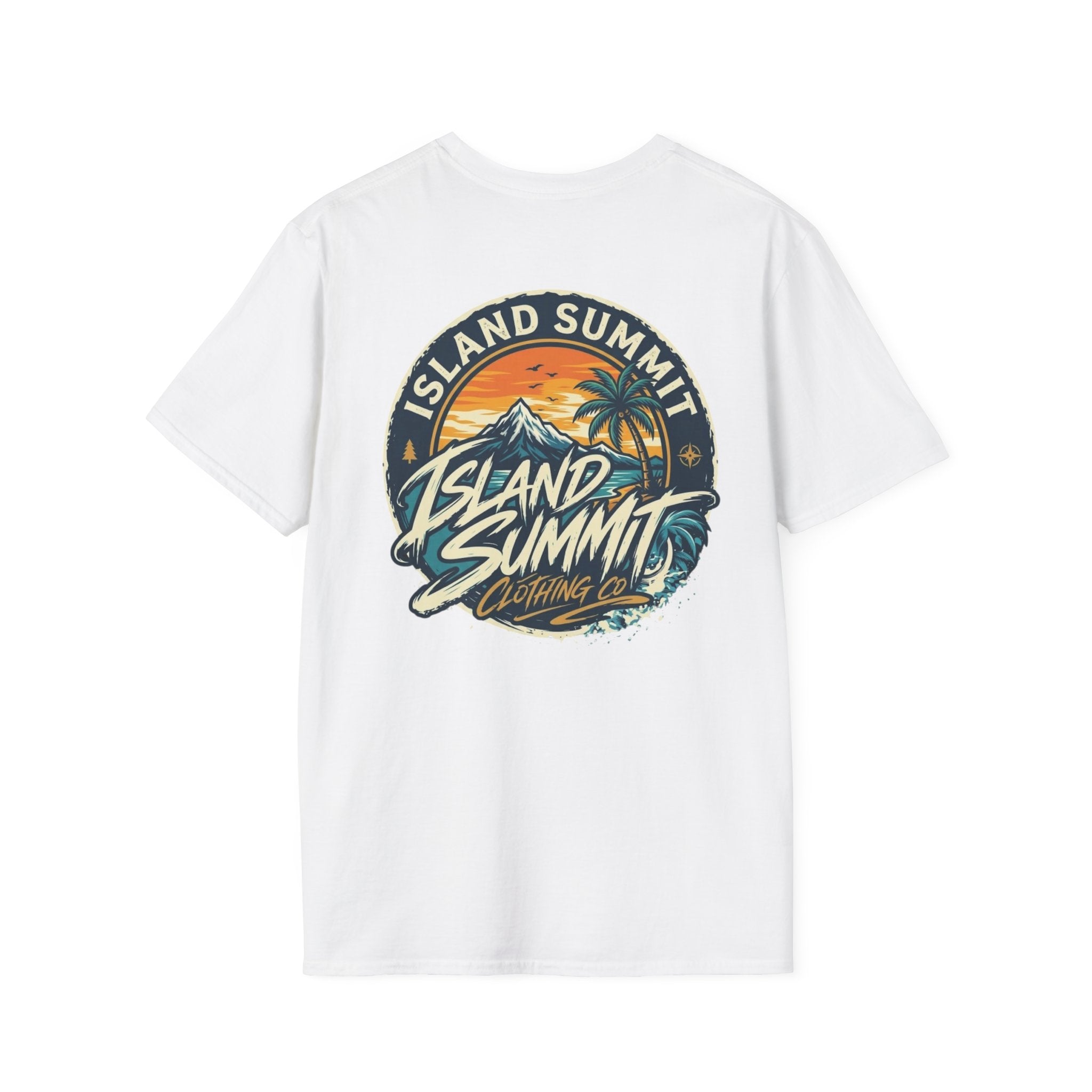 Island Summit sunset logo T-Shirt | tropical palm beach scene