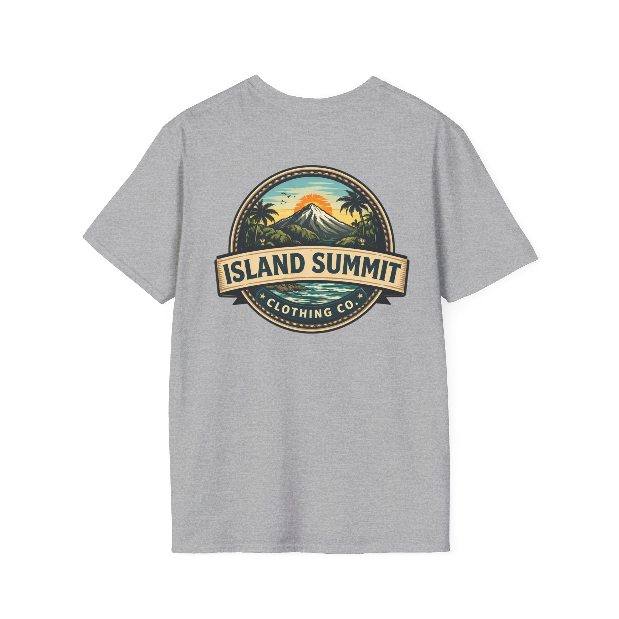 Island Summit logo T-Shirt | tropical mountain badge, palm trees, vintage crest