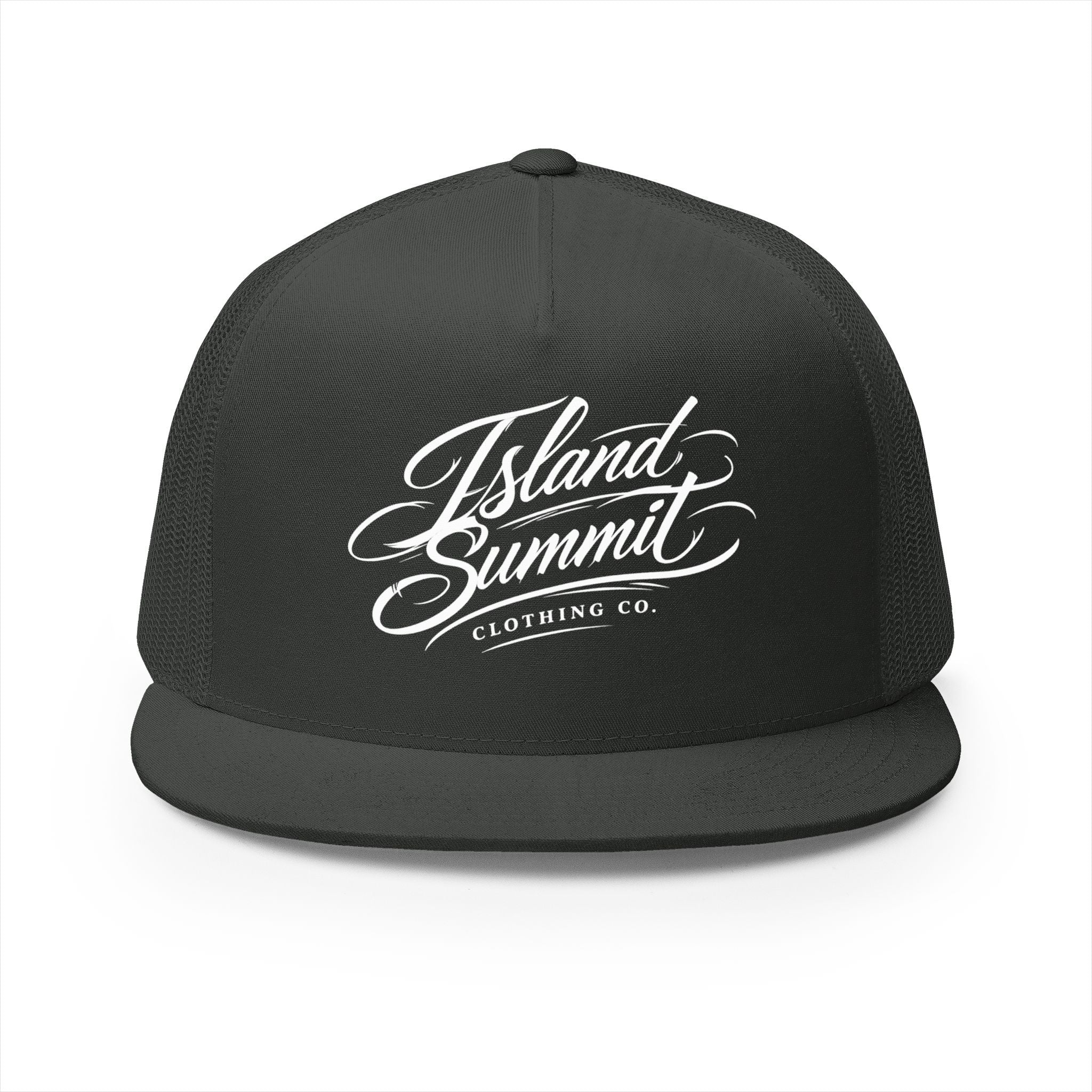 Island Summit script logo Trucker Cap | Mesh Back, Flat Bill