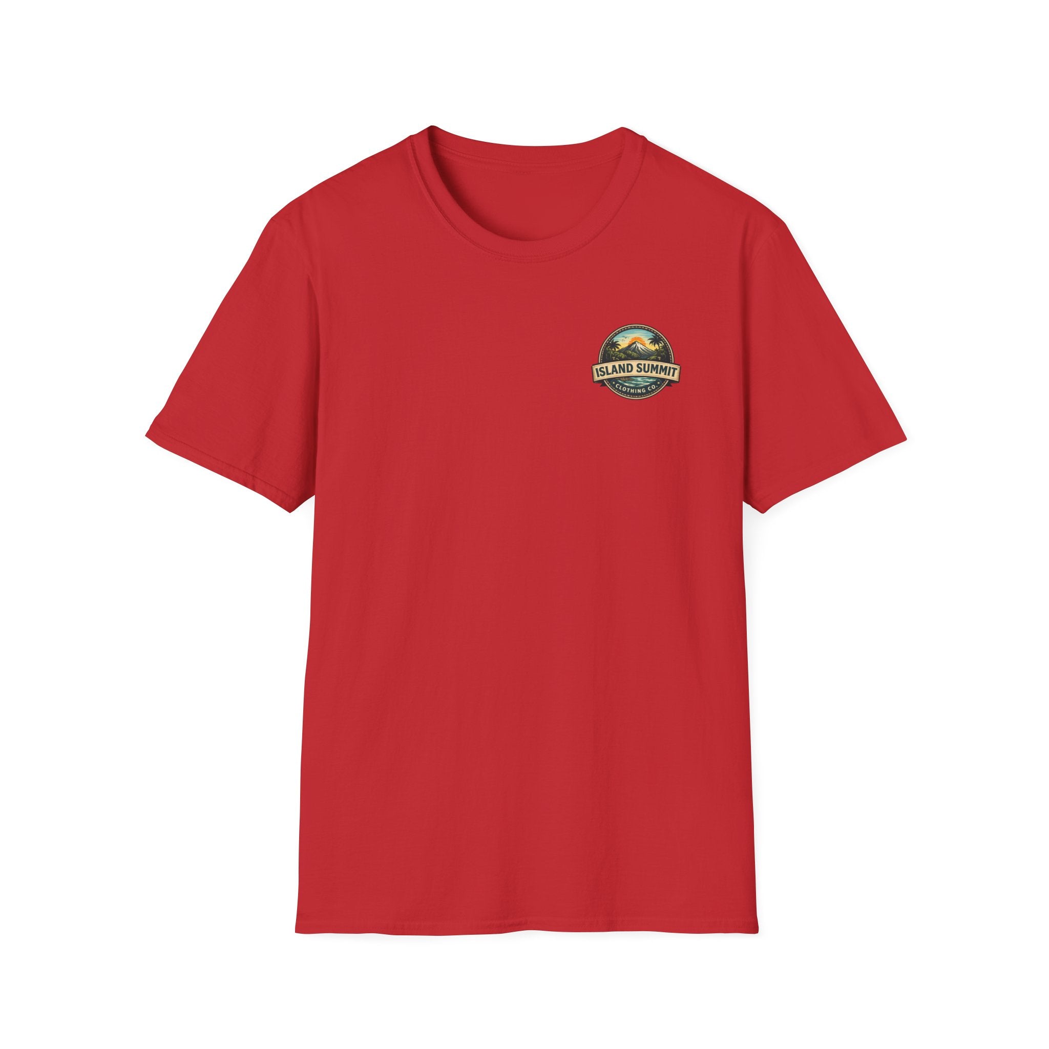 Island Summit logo T-Shirt | tropical mountain badge, palm trees, vintage crest
