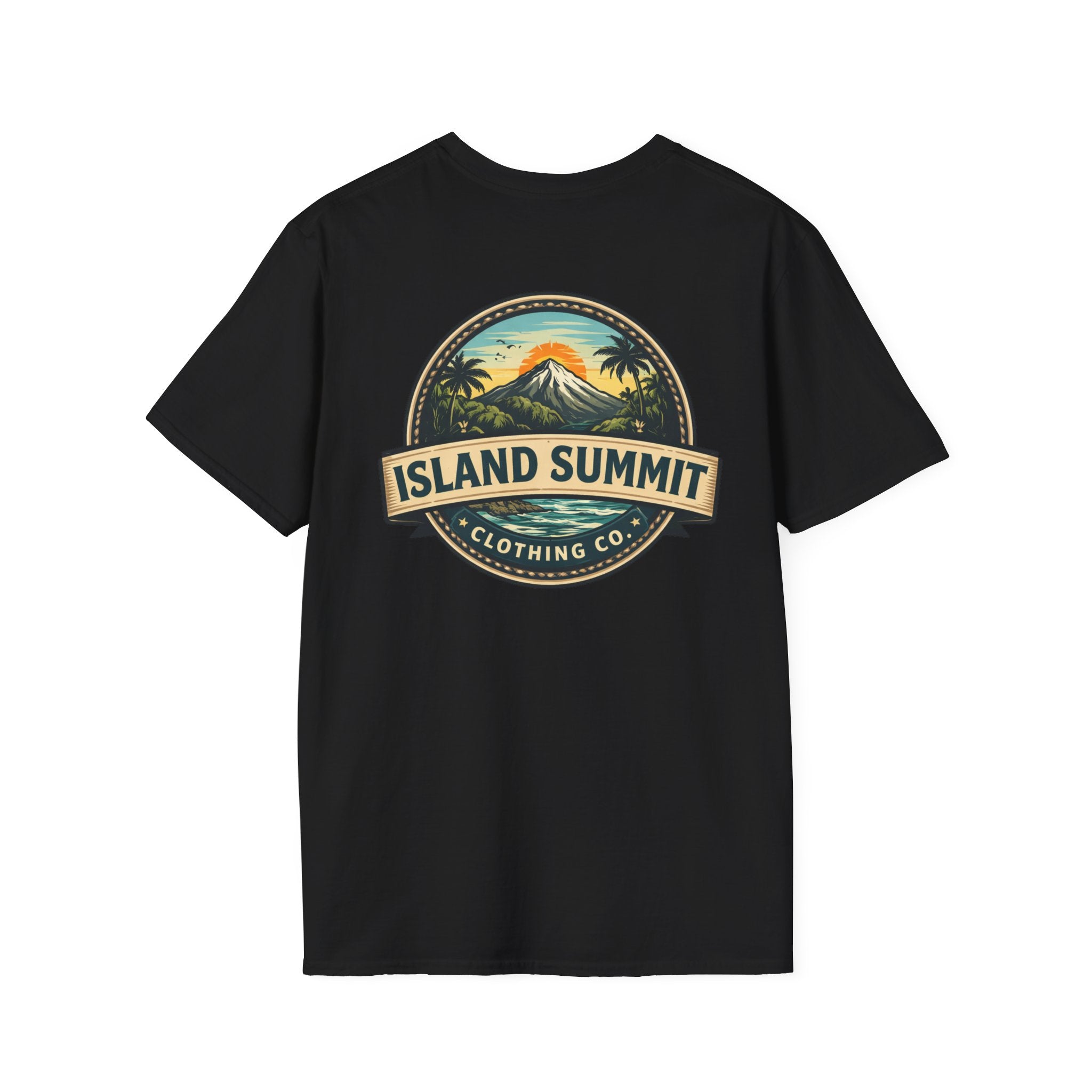 Island Summit logo T-Shirt | tropical mountain badge, palm trees, vintage crest