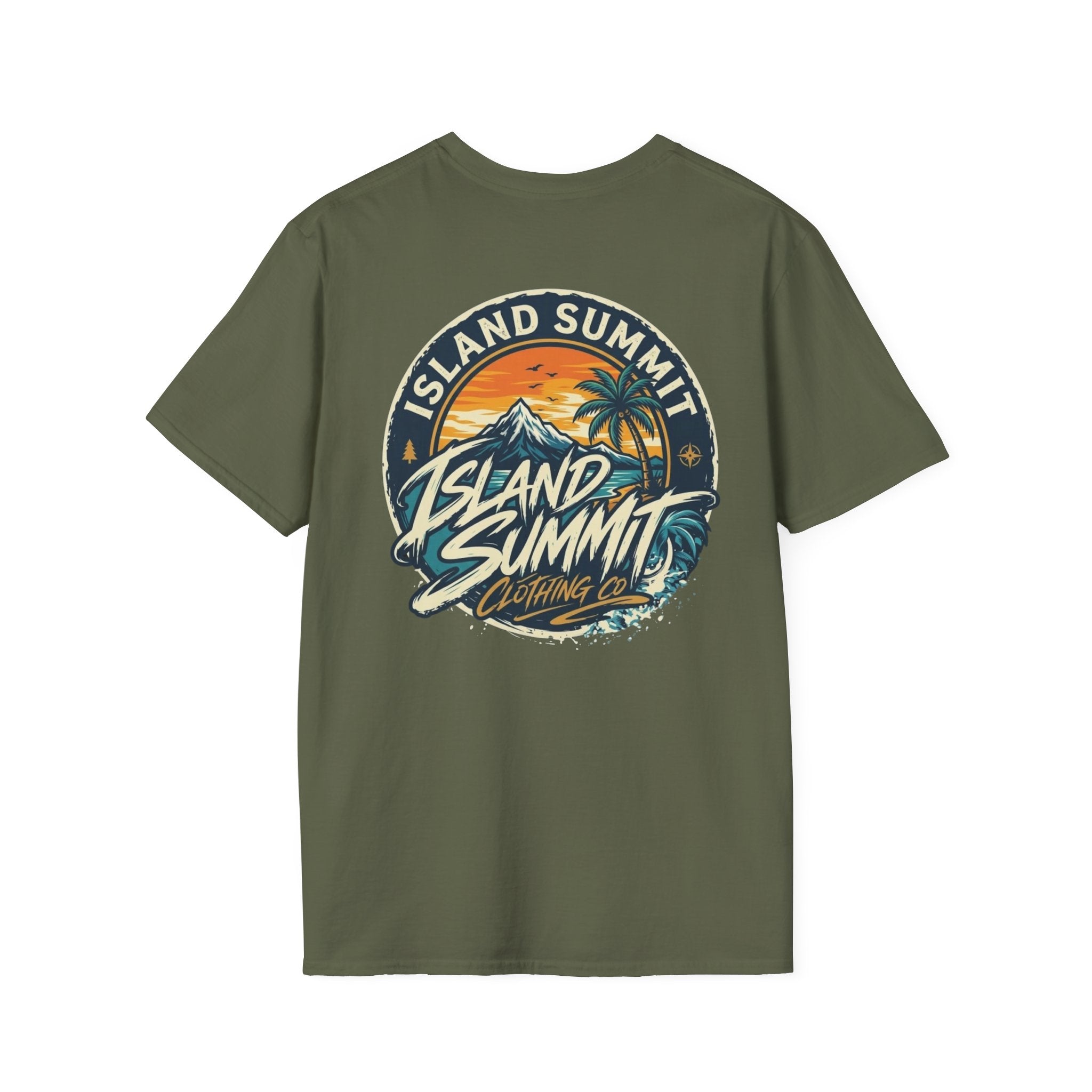 Island Summit sunset logo T-Shirt | tropical palm beach scene