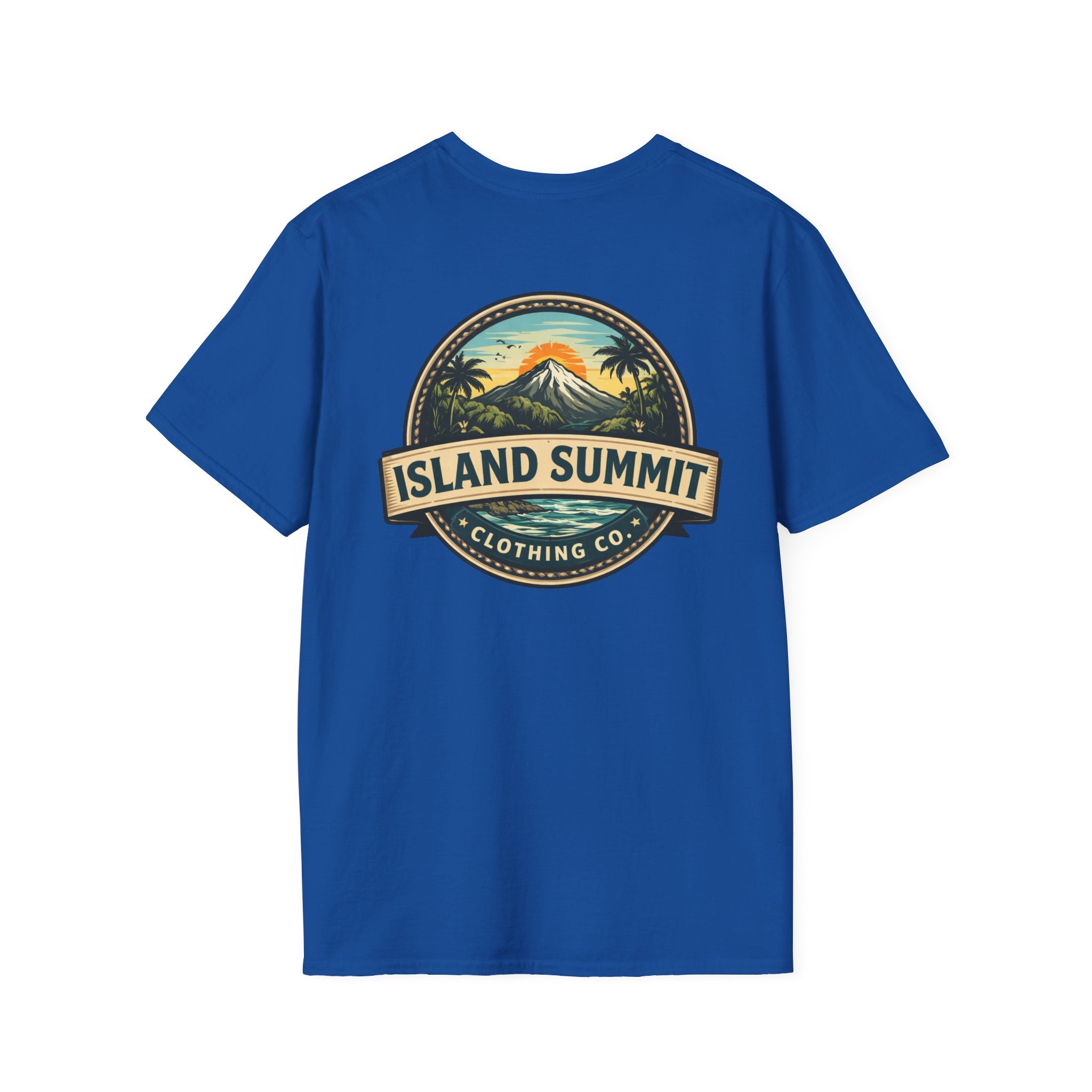 Island Summit logo T-Shirt | tropical mountain badge, palm trees, vintage crest